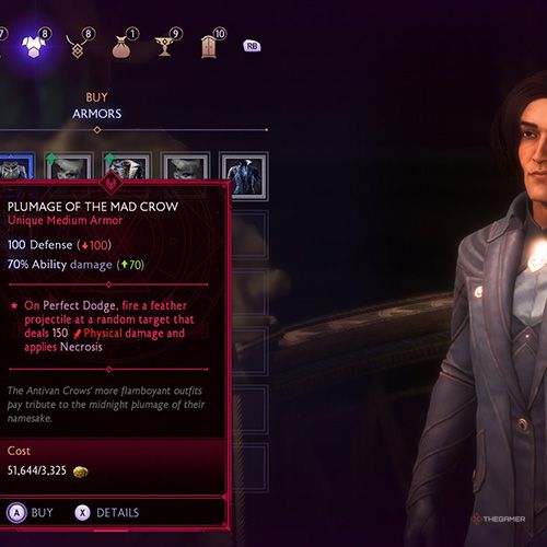 The player buys an unique item from Treviso's merchant in Dragon Age: Veilguard.