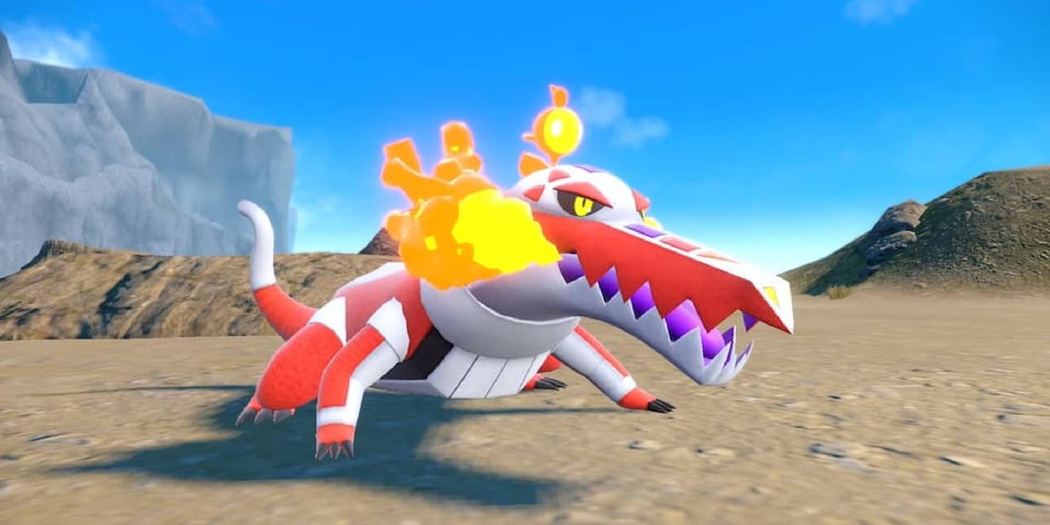 The Pokemon Skeledirge from Pokemon Scarlet and Violet.