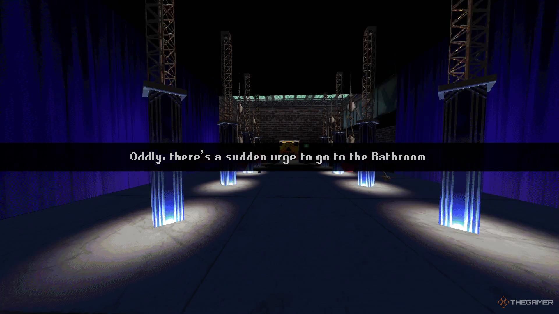 The screen informs you that you've got a sudden urge to go to the Bathroom in Ena Dream BBQ.