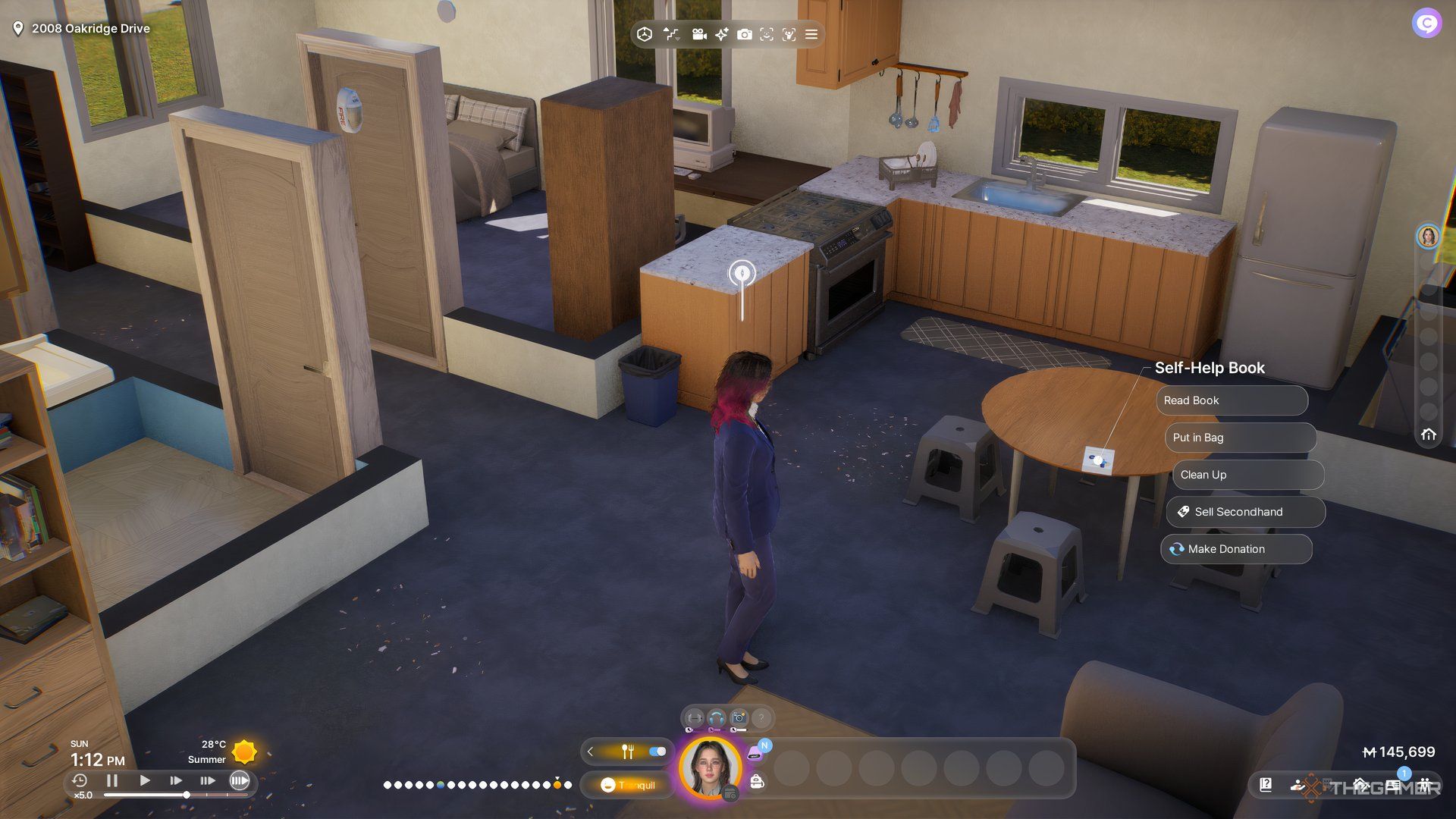 The sell seconhand prompt is appearing on a book in InZoi.