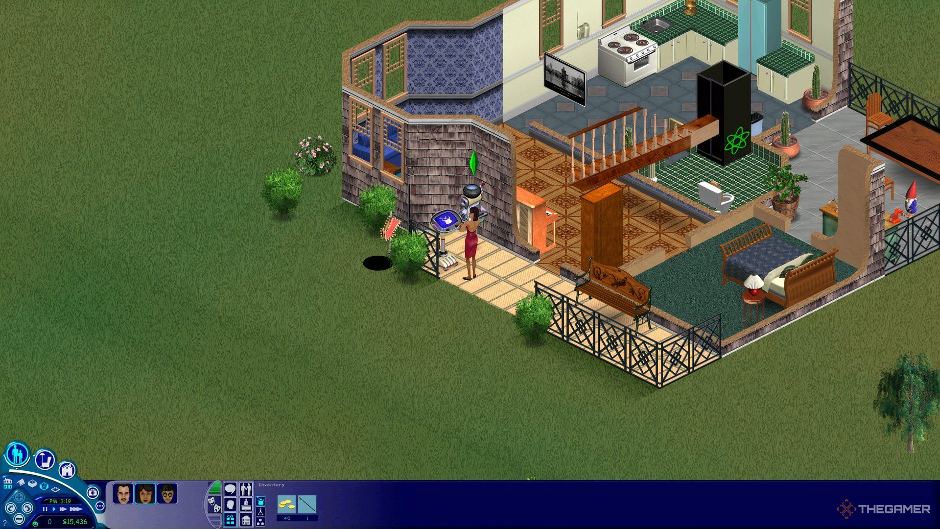 Bella Goth reading a spellbook outside the Goth manor in The Sims 1.