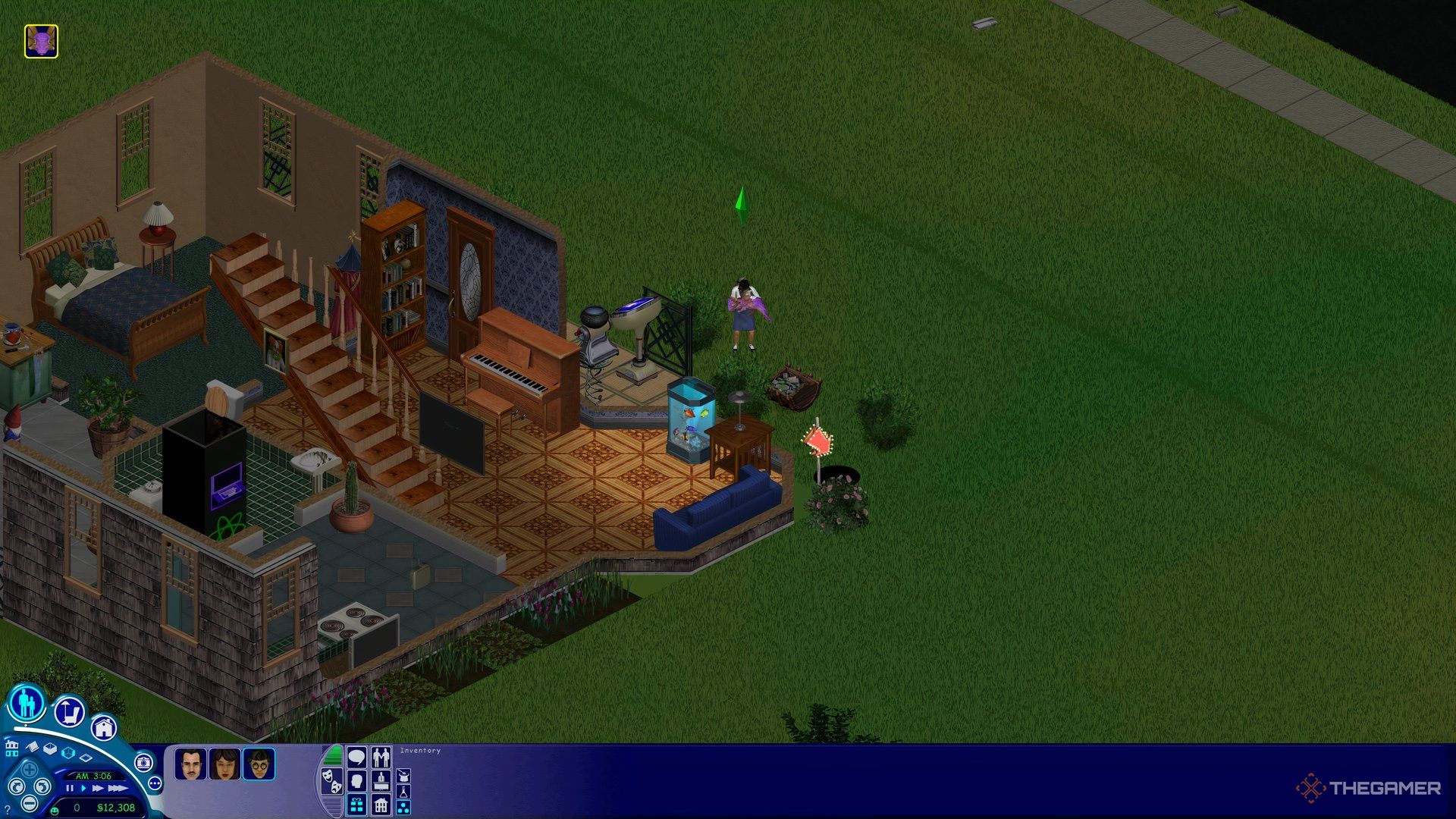 Cassandra Goth petting a purple dragon in The Sims 1.