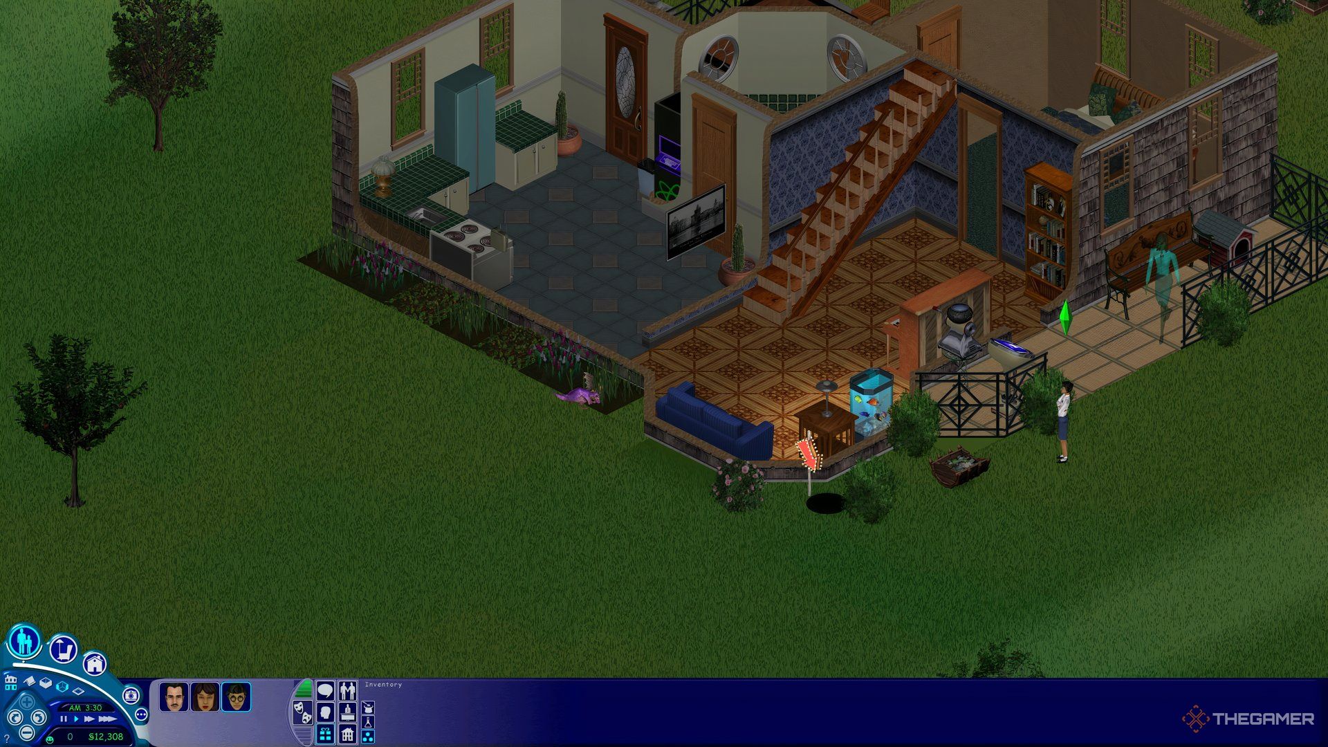 A purple dragon eats flowers while Cassandra Goth looks on in The Sims 1.