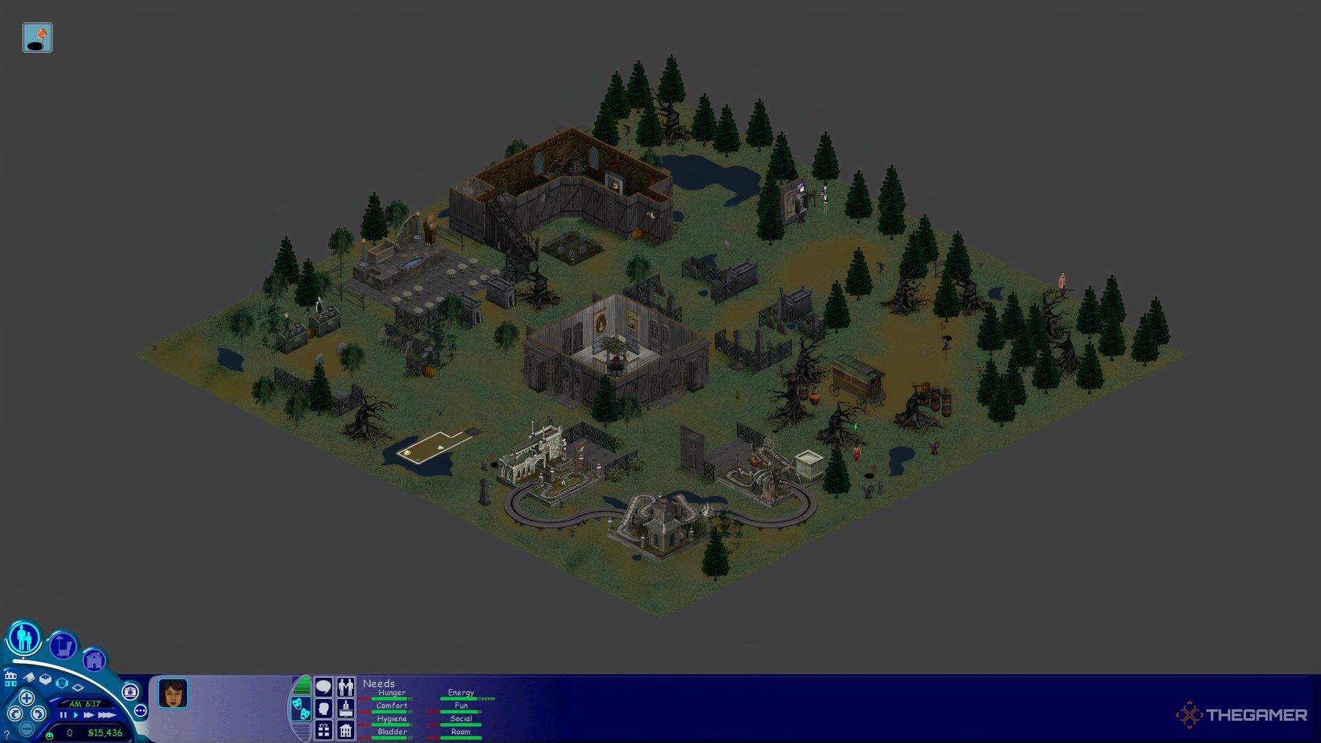 An overview of Vernons Vault in Magic Town in The Sims 1 zoomed out.