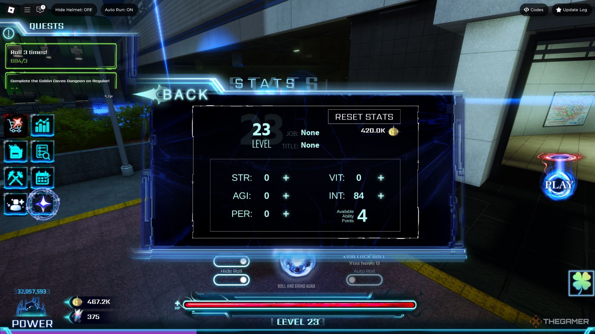The player character shows the stats tab in the main lobby in Hunters.