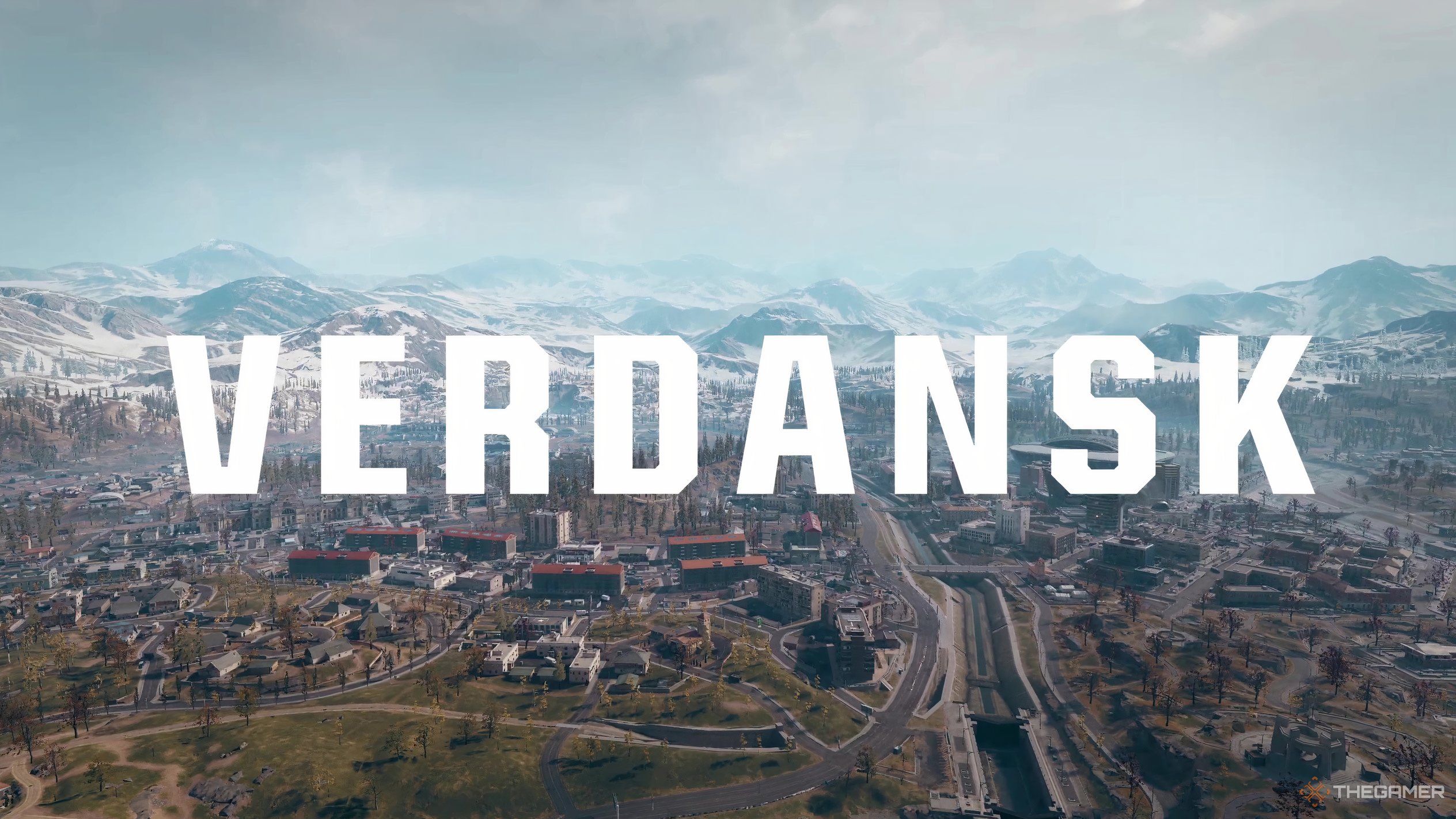 The Verdansk map with its name in large letters on the screen in Call of Duty Warzone.
