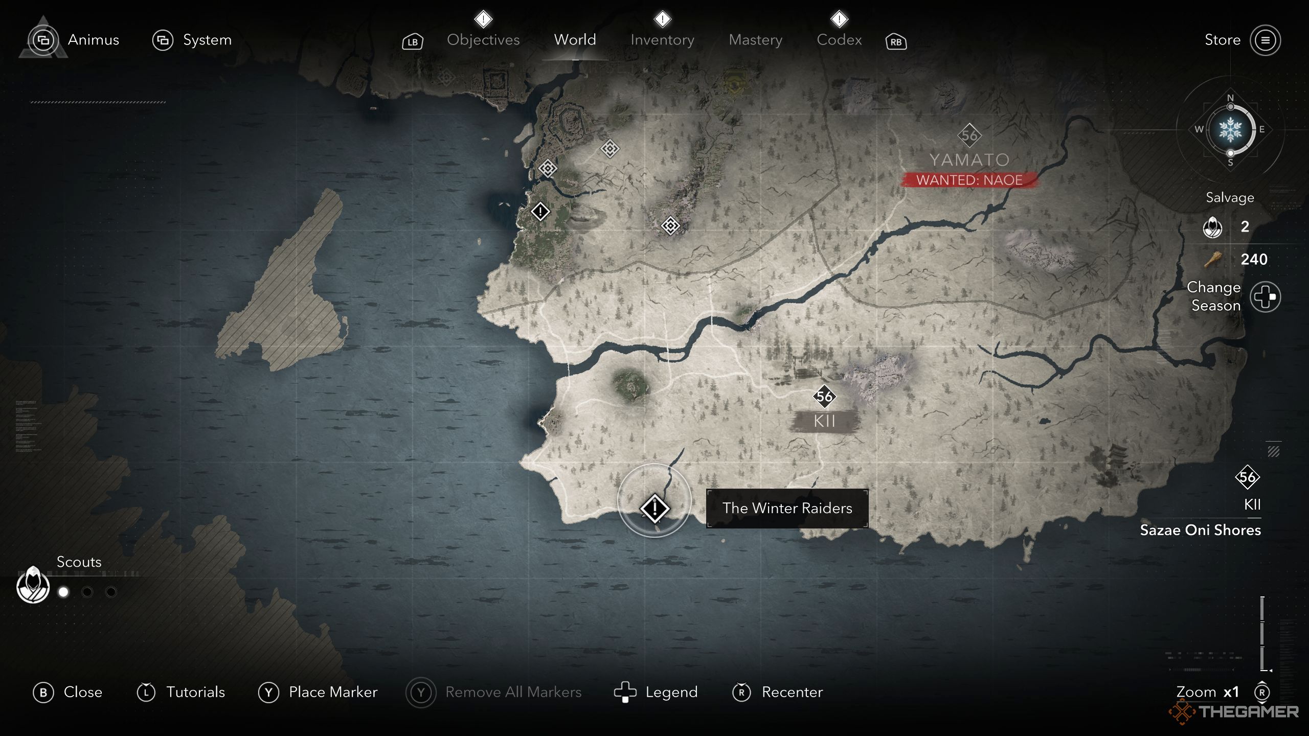 The Winter Raiders quest location on the map in AC Shadows.
