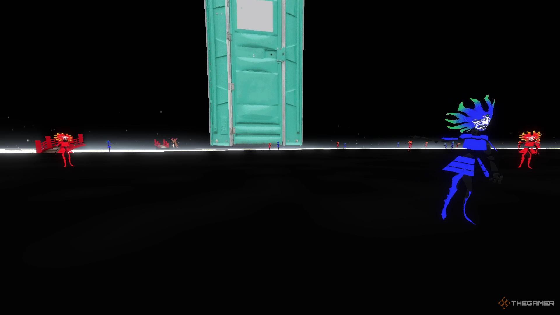 The world is mostly black, but a giant blue-green portable toilet sits in front of a river of light in Ena Dream BBQ.