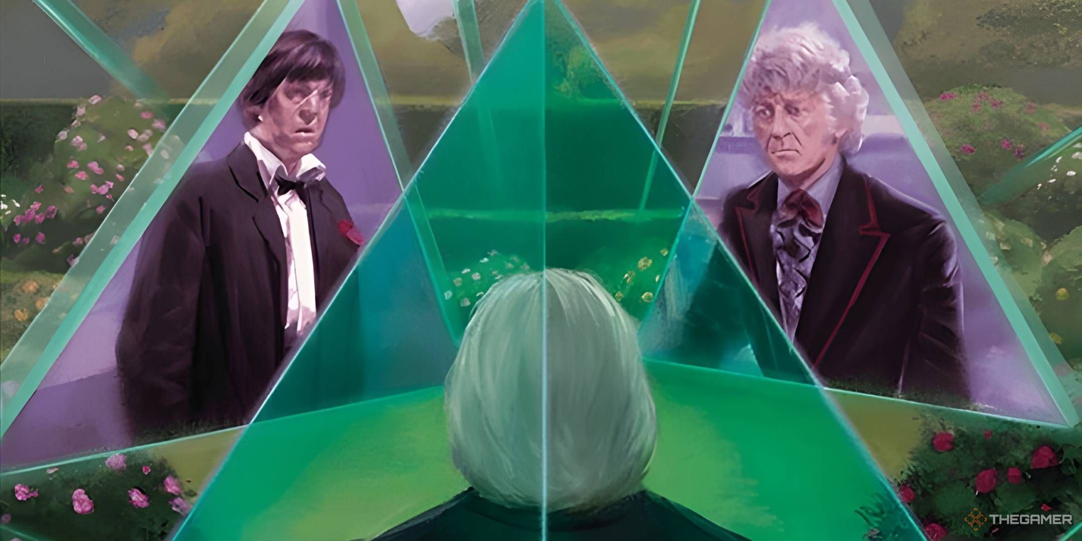 Three versions of The Doctor converse through triangular displays.