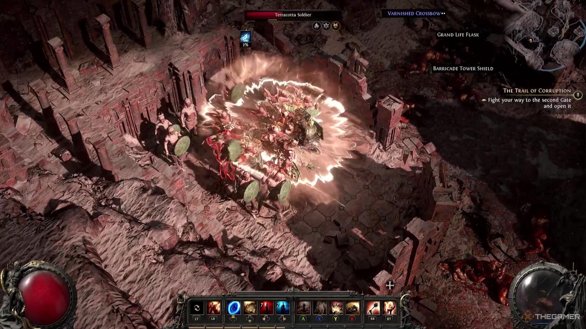Thunderglove fights a small army of Terracotta Soldiers in Path of Exile 2.