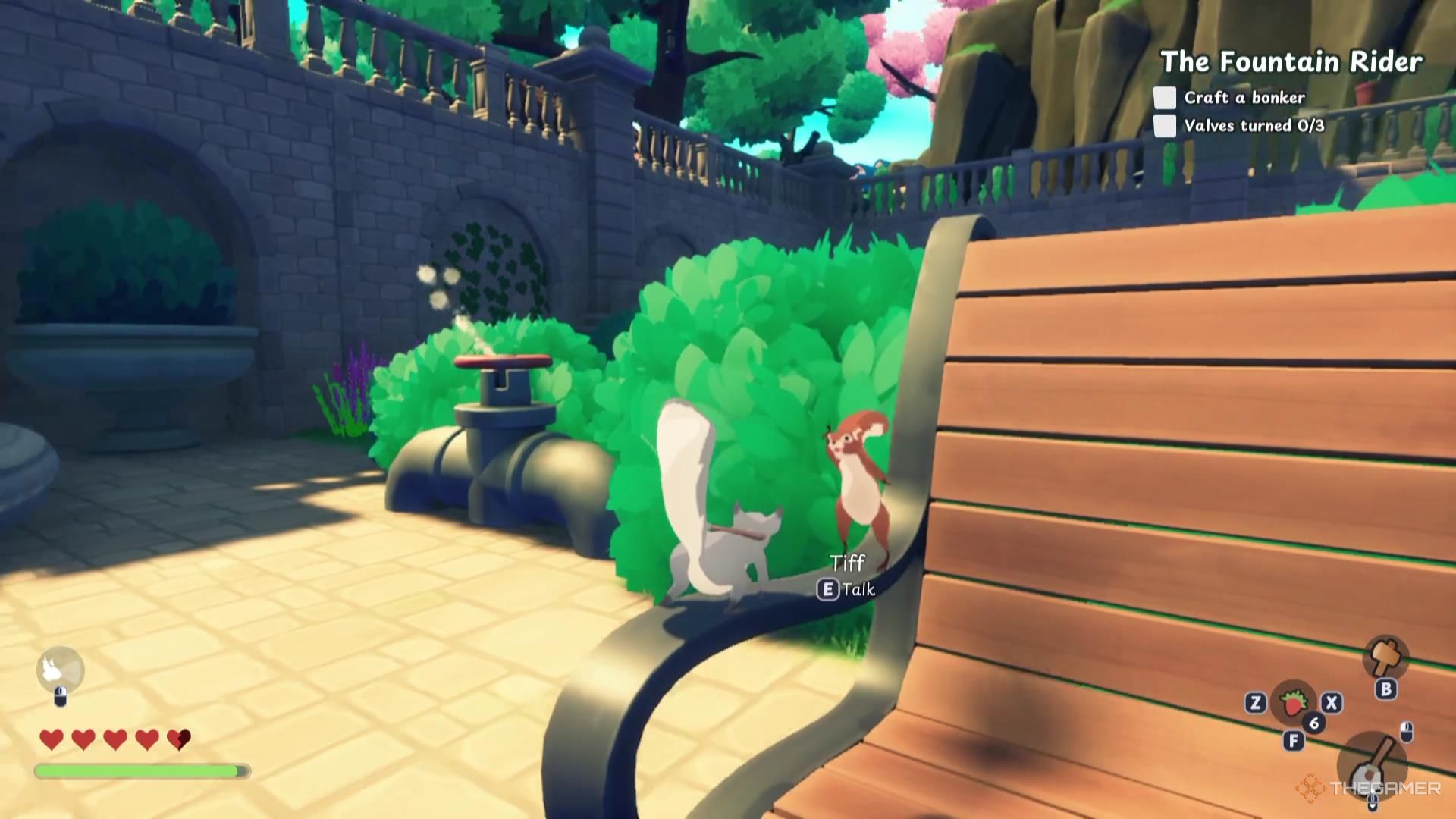 Tiff the squirrel waves to you while standing on a park bench armrest in Squirreled Away.