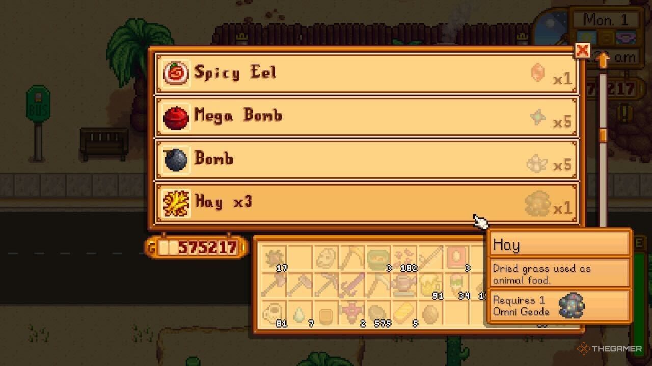 Trading the Desert Trader an Omnio Geode for three pieces of Hay in Stardew Valley.