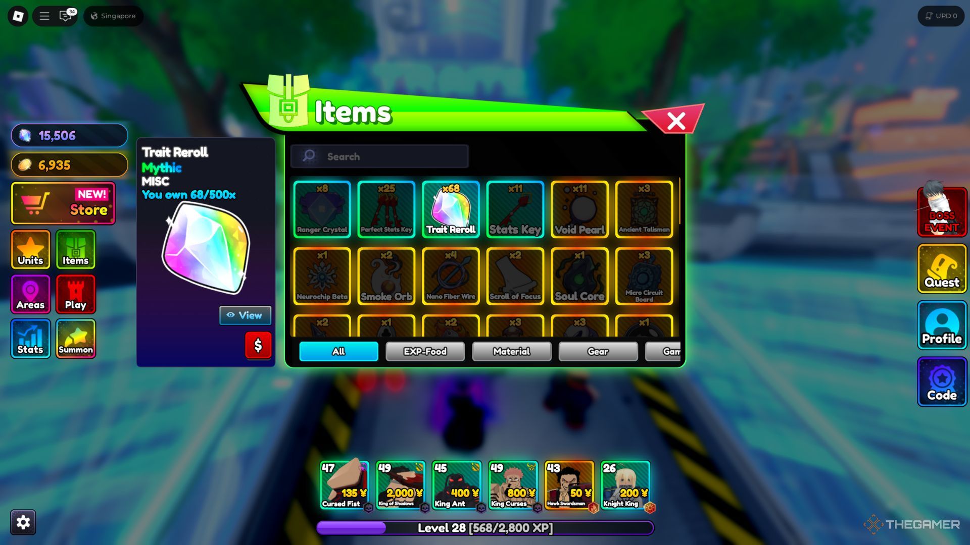 The player character shows Trait Rerolls in his inventory in Anime Ranger X.