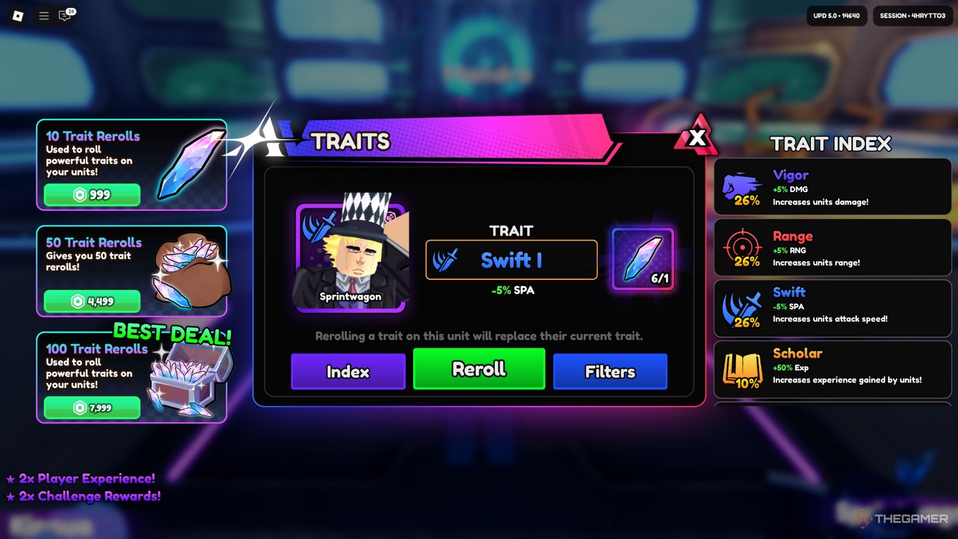 The player character shows the Traits tab in the Upgrades area in Anime Vanguards.