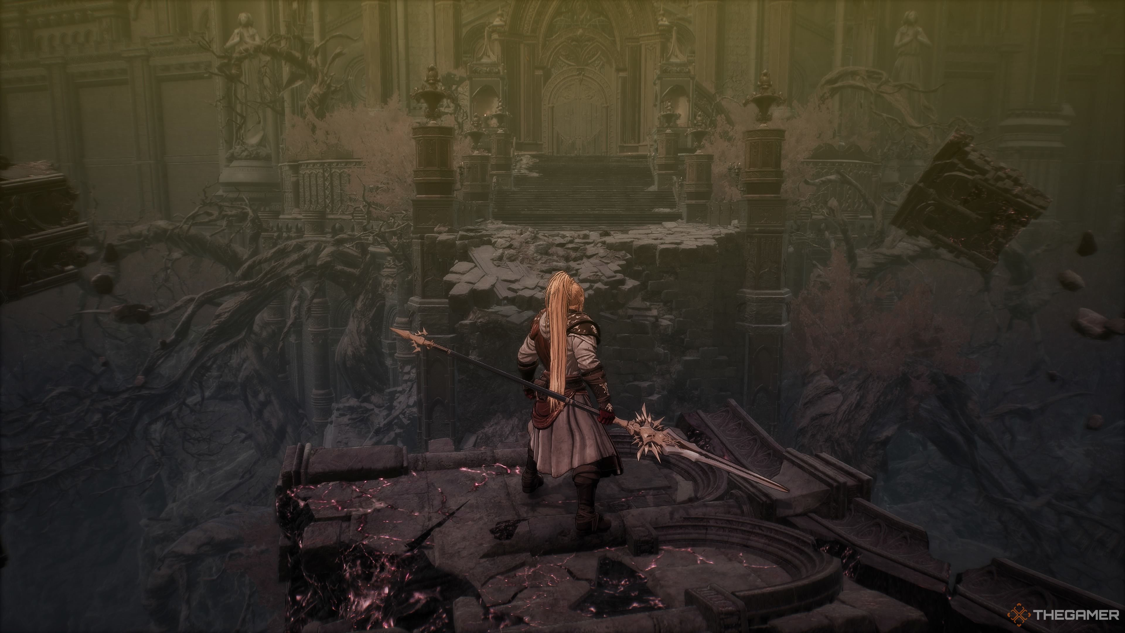 Traveling on the floating rubble across the gap in the Master Of Chaos mission of The First Berserker Khazan.