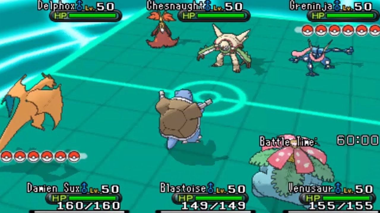A triple pokemon battle scene from Pokemon X.