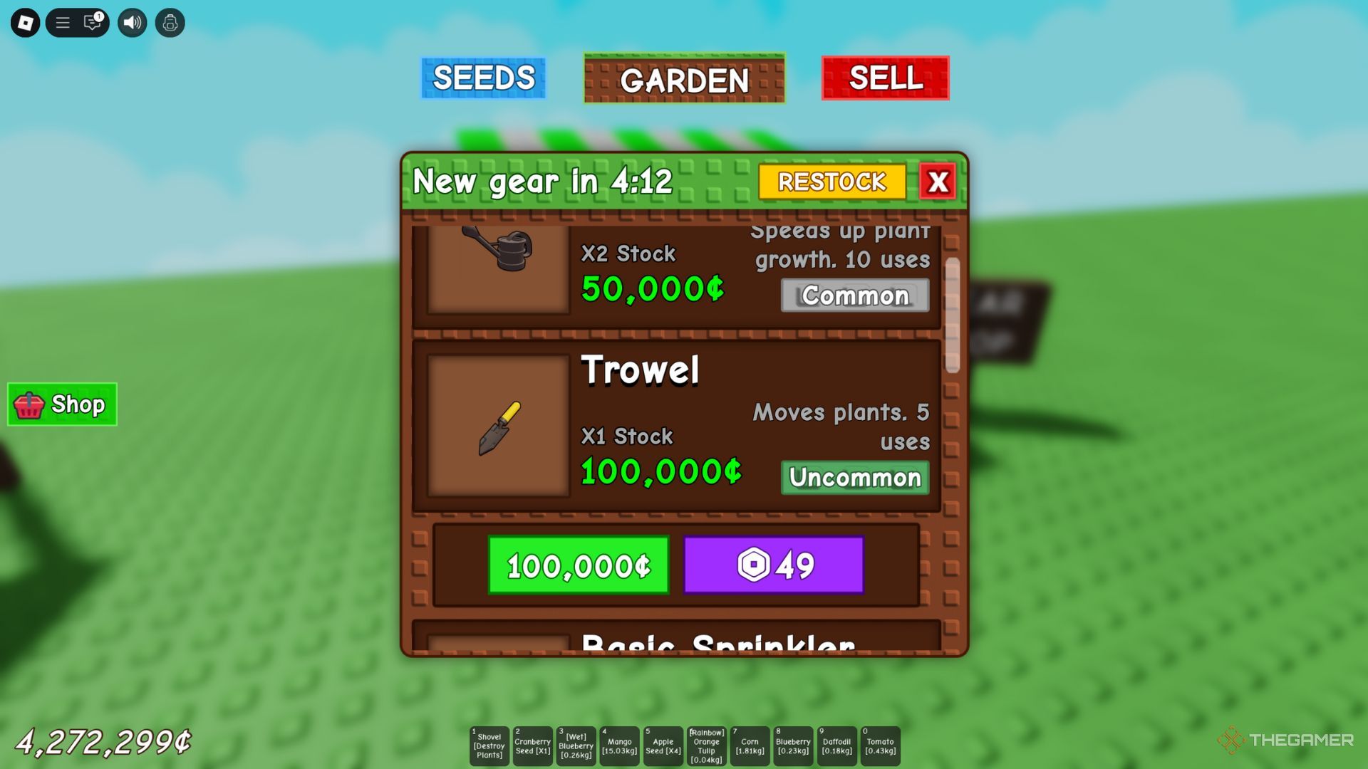 The player character shows the Trowel in the Gear Shop in Grow A Garden.