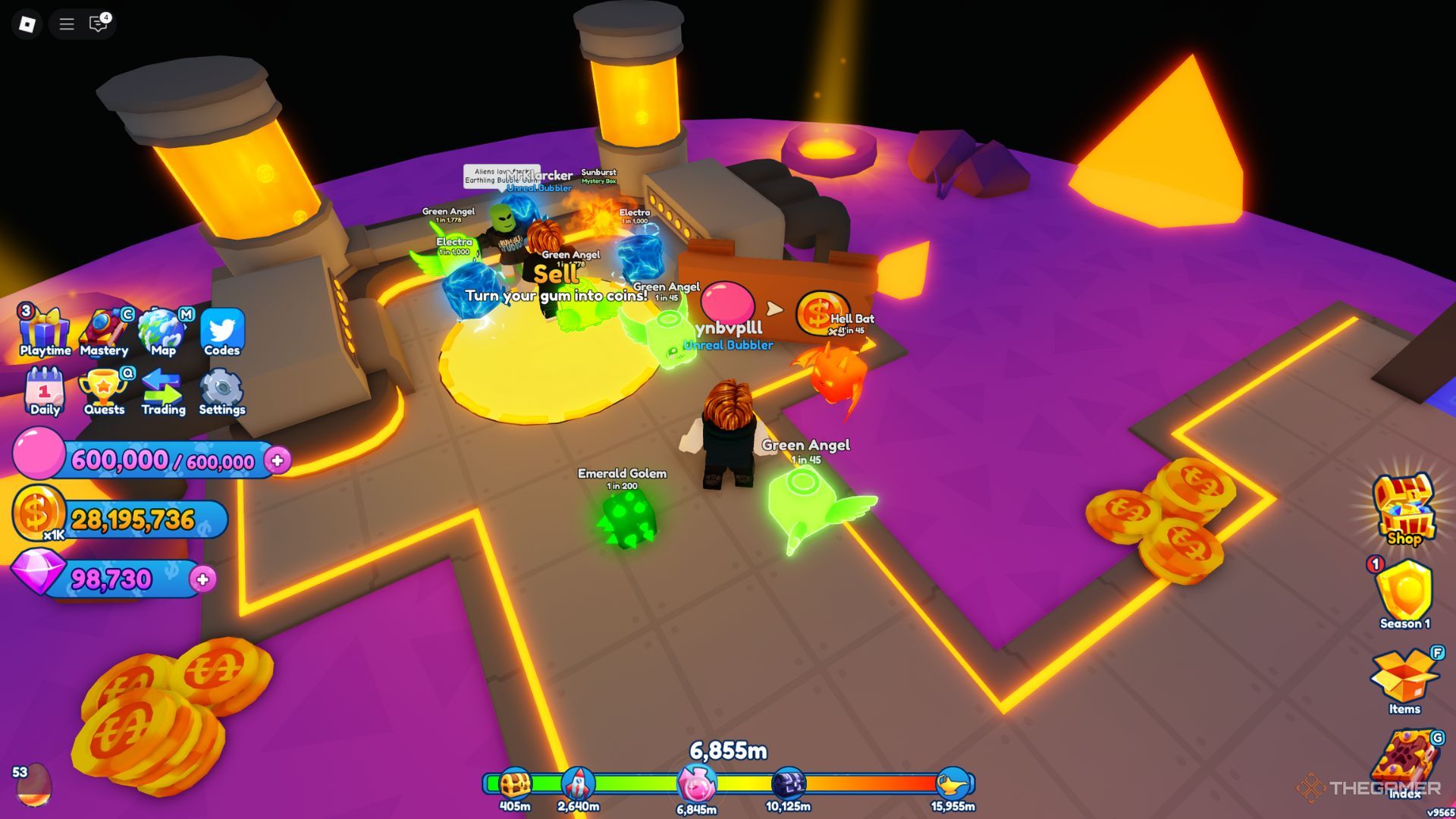 The player character shows the NPC who exchange bubbles on coins in Twilight World in Bubble Gum Simulator Infinity.