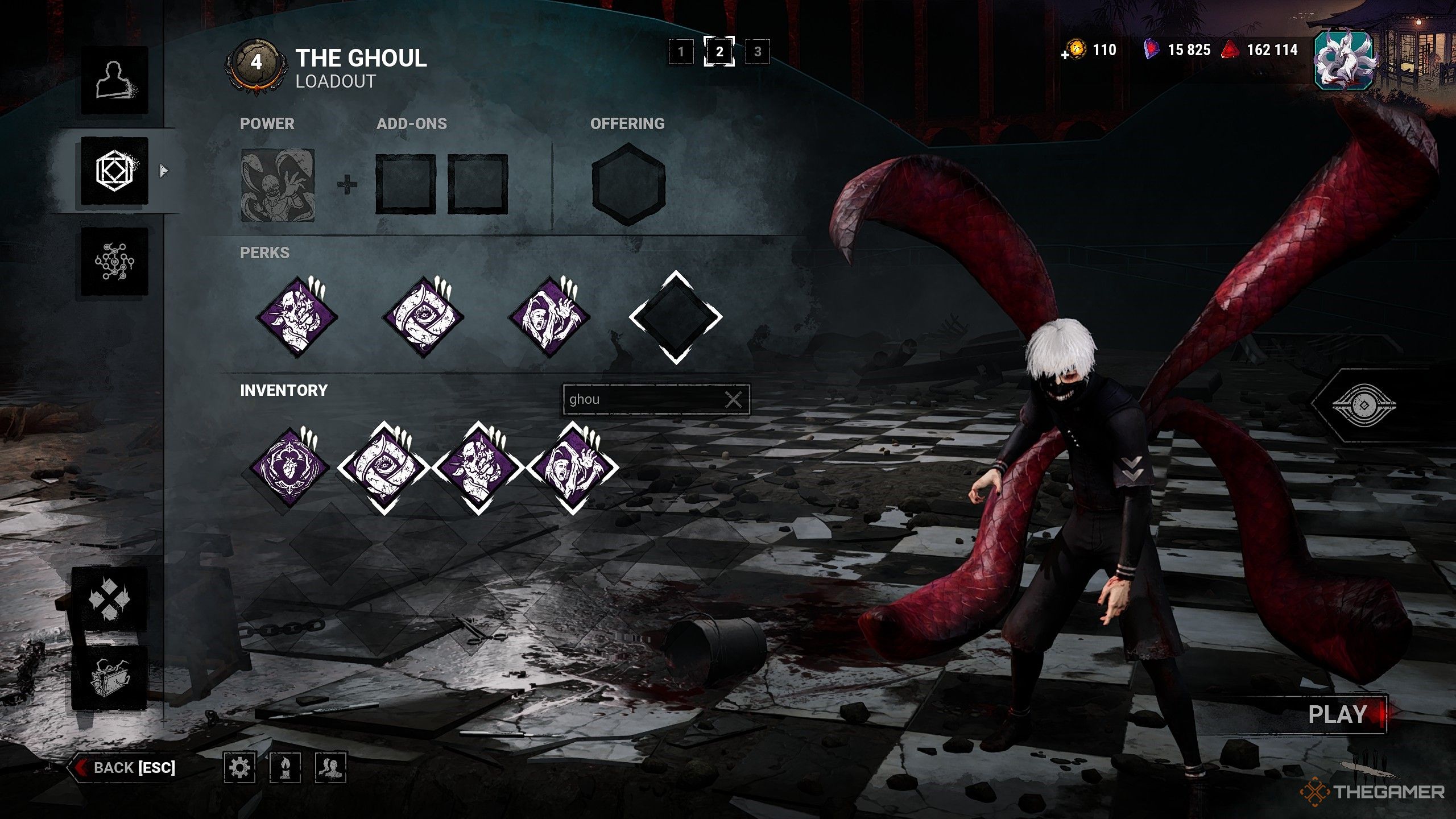 The loadout menu displaying the unique perks of The Ghoul in Dead by Daylight.