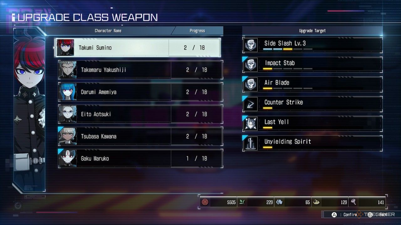 Upgrading class weapons to learn new moves in The Hundred Line Last Defense Academy.