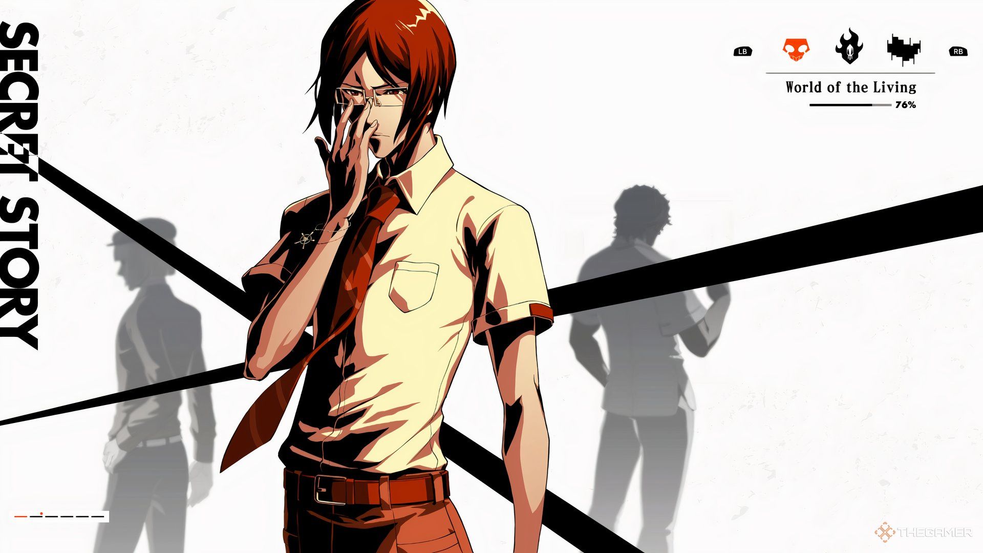 Uryu Ishida adjusting his glasses on his Secret Stories page in Bleach Rebirth of Souls.