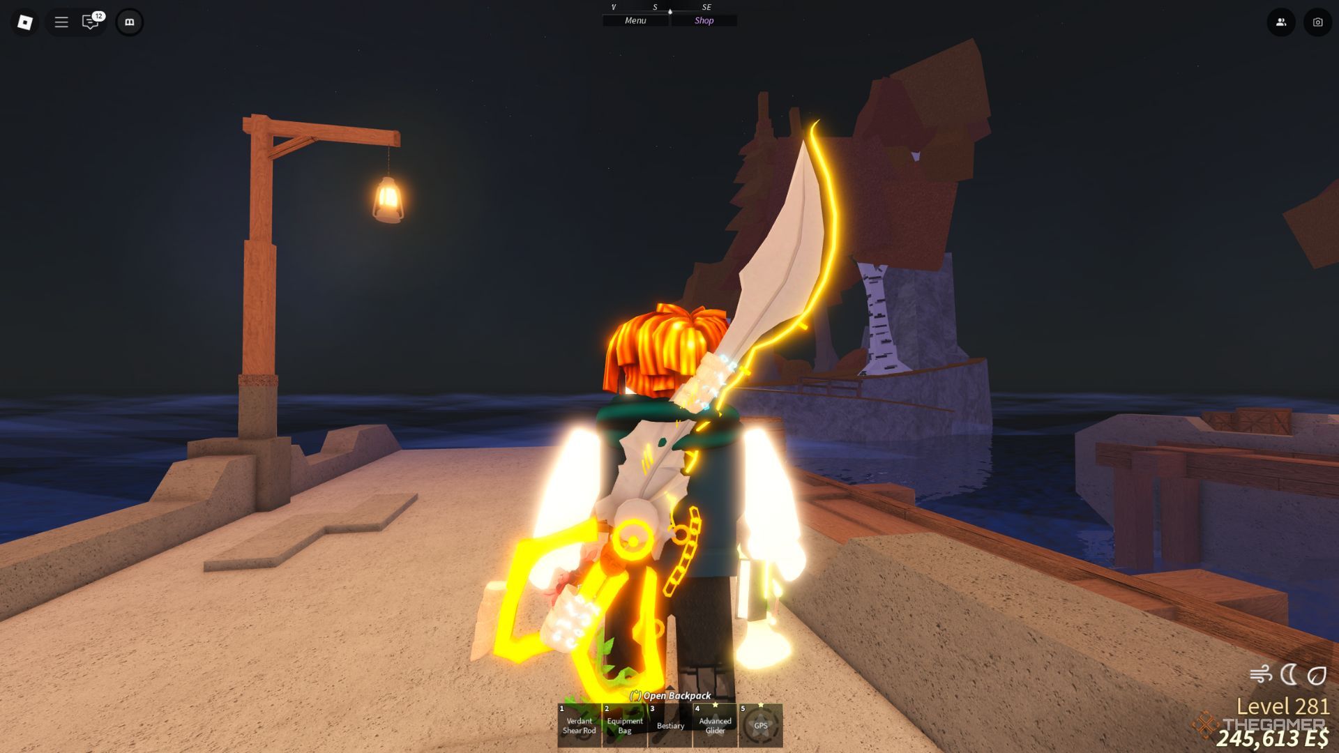 The player character shows the Verdant Shear Rod equipped on his back while being in the Waveborne area in Fisch.