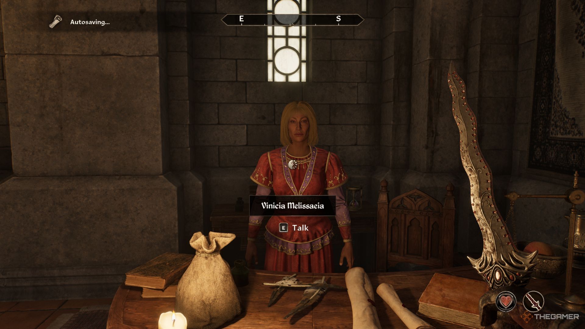 The player character shows Vinicia Melissaeia at the Office of Imperial Commerce in Oblivion Remastered.