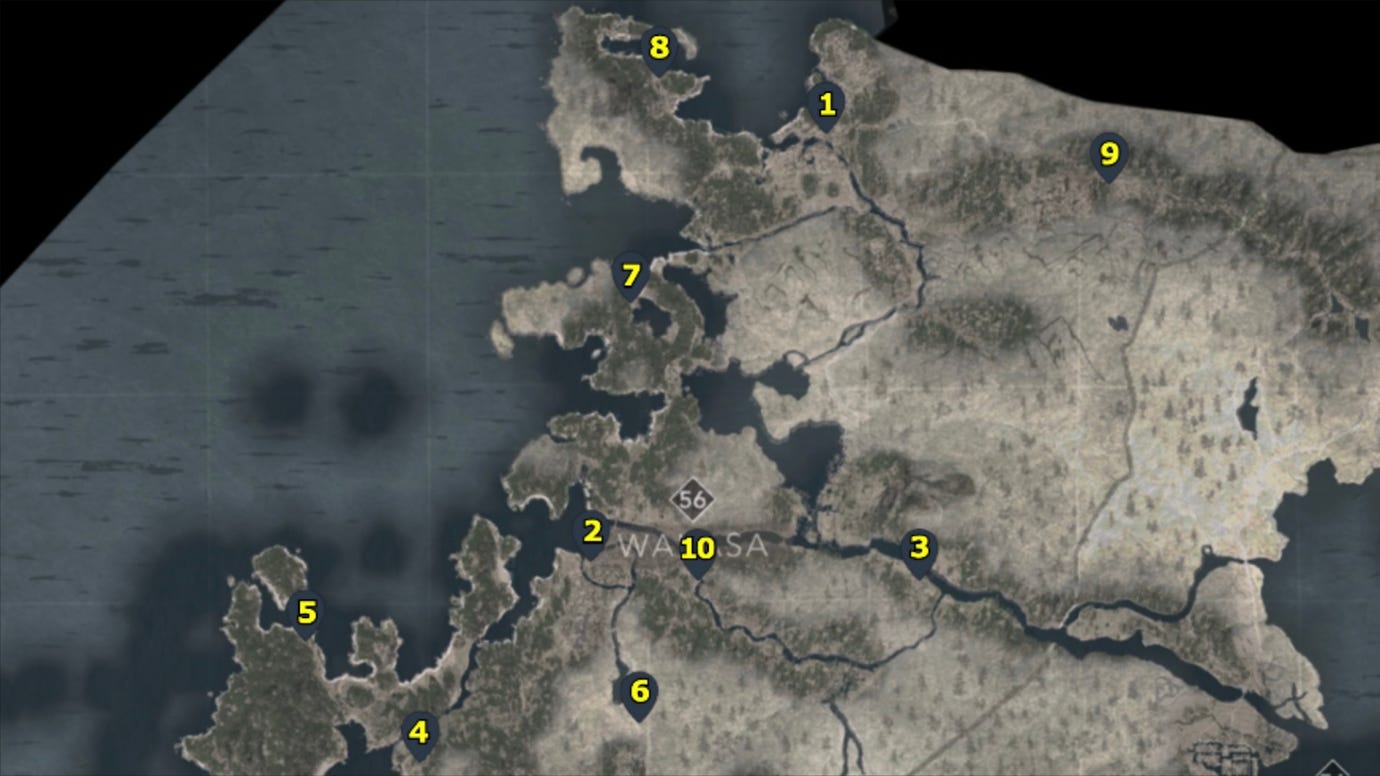 A map with pointers highlighting all of the Kakurega in the Wakasa region in Assassin's Creed Shadows.