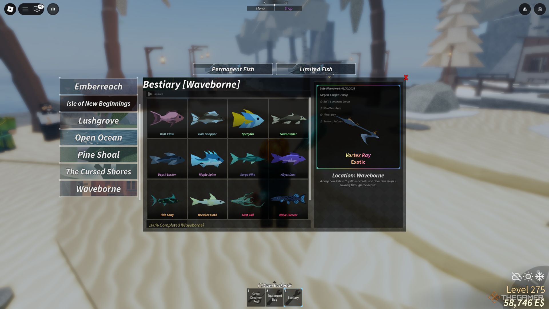The player character shows a fully completed Waveborne bestiary in Fisch.
