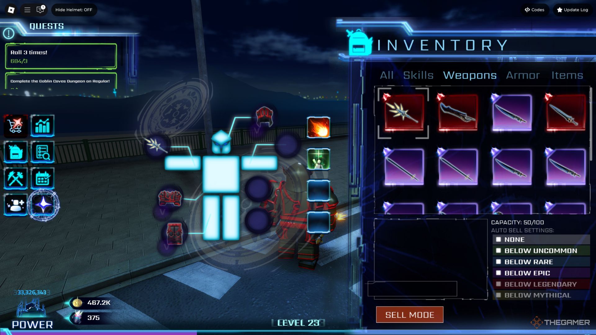The player character shows his inventory full of different weapons in the main lobby in Hunters.