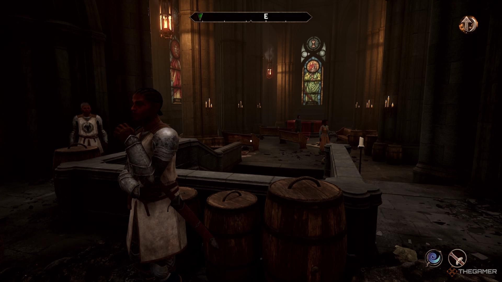 Weary soldiers stand in a dimly lit chapel in Oblivion Remastered.