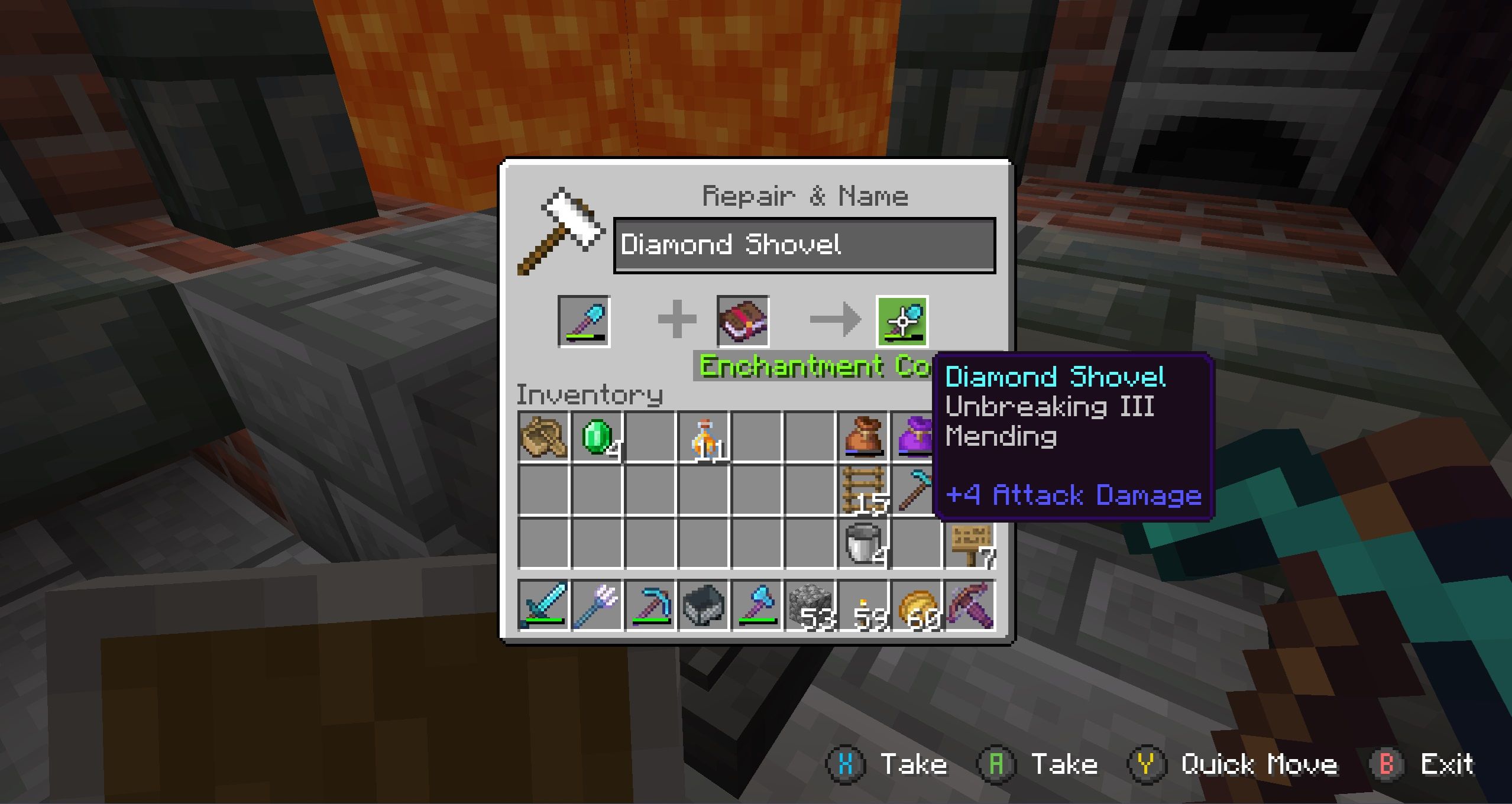 The Anvil Menu with a Diamond Shovel and an Enchanted book in the working spaces. In the background, a forge heated by flowing lava in Minecraft.