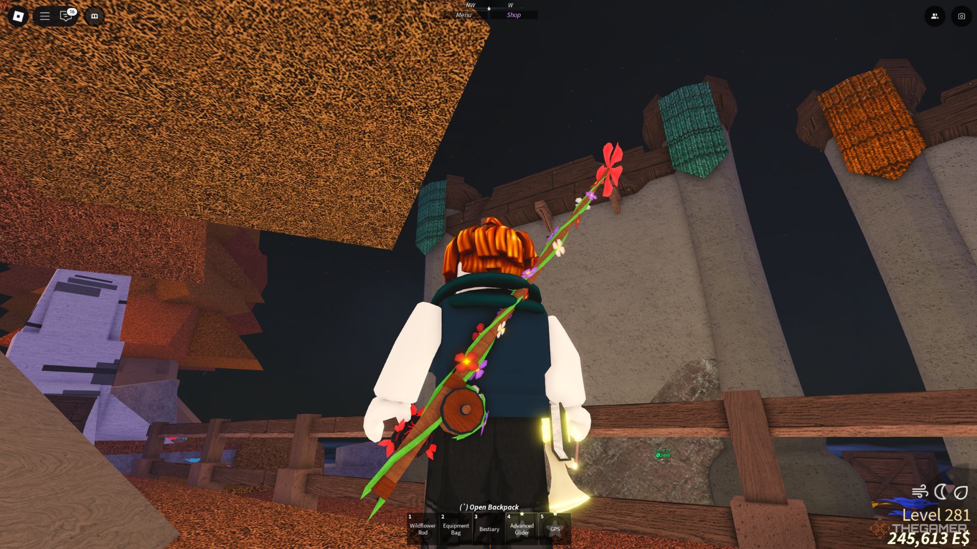 The player character shows the Wildflower Rod equipped on his back while being in the Waveborne area in Fisch.