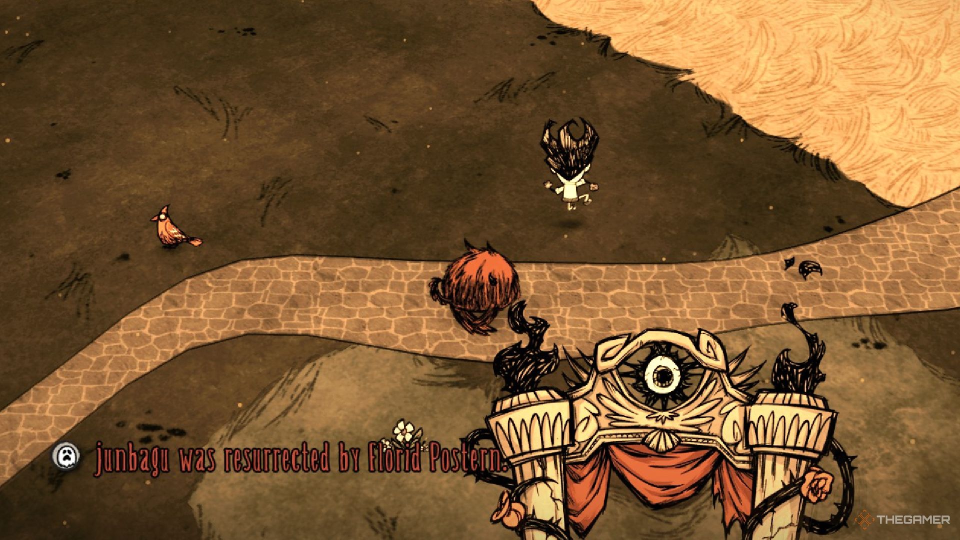Wilson fleeing from a hound in Don't Starve Together.
