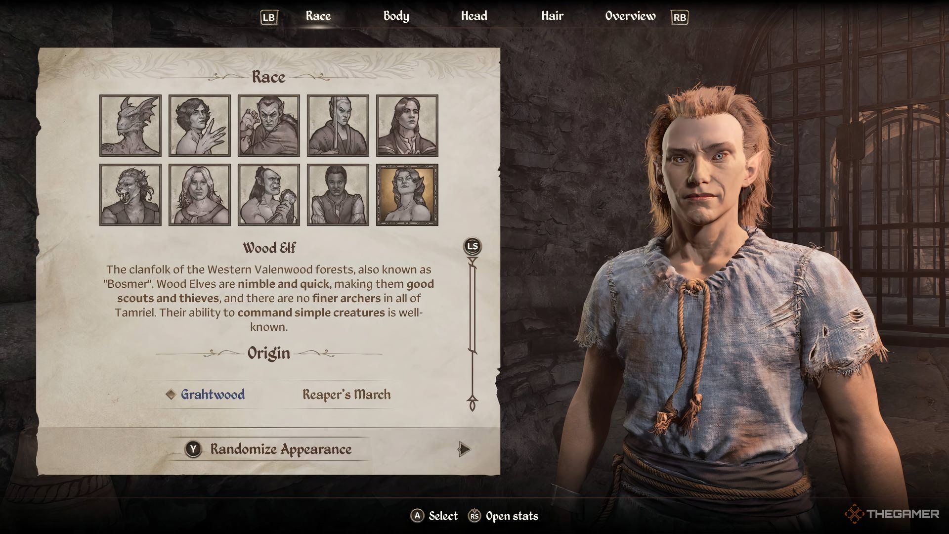 An image of the character creation screen from the Elder Scrolls IV: Oblivion Remastered showing a wood elf.