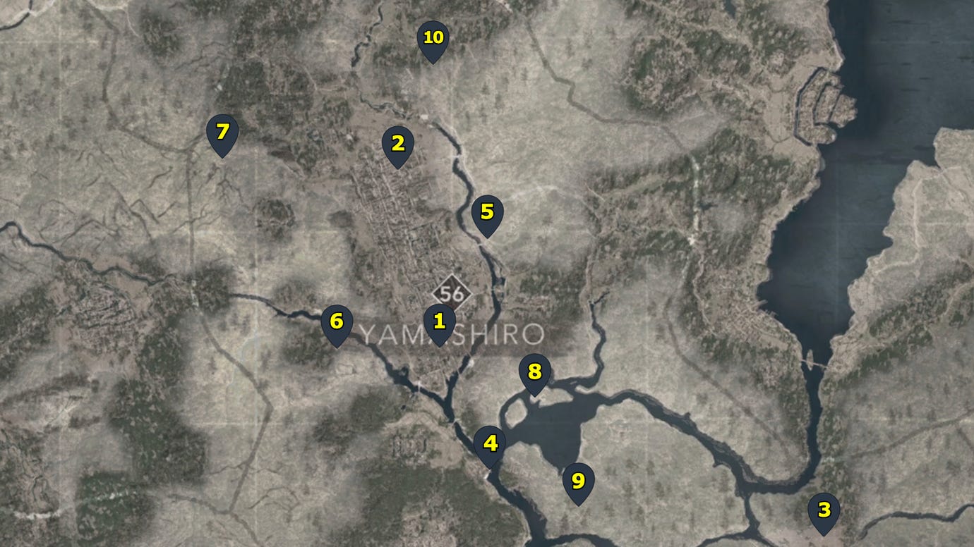 A map with pointers showing all of the Kakurega in the Yamashiro region of Assassin's Creed Shadows.