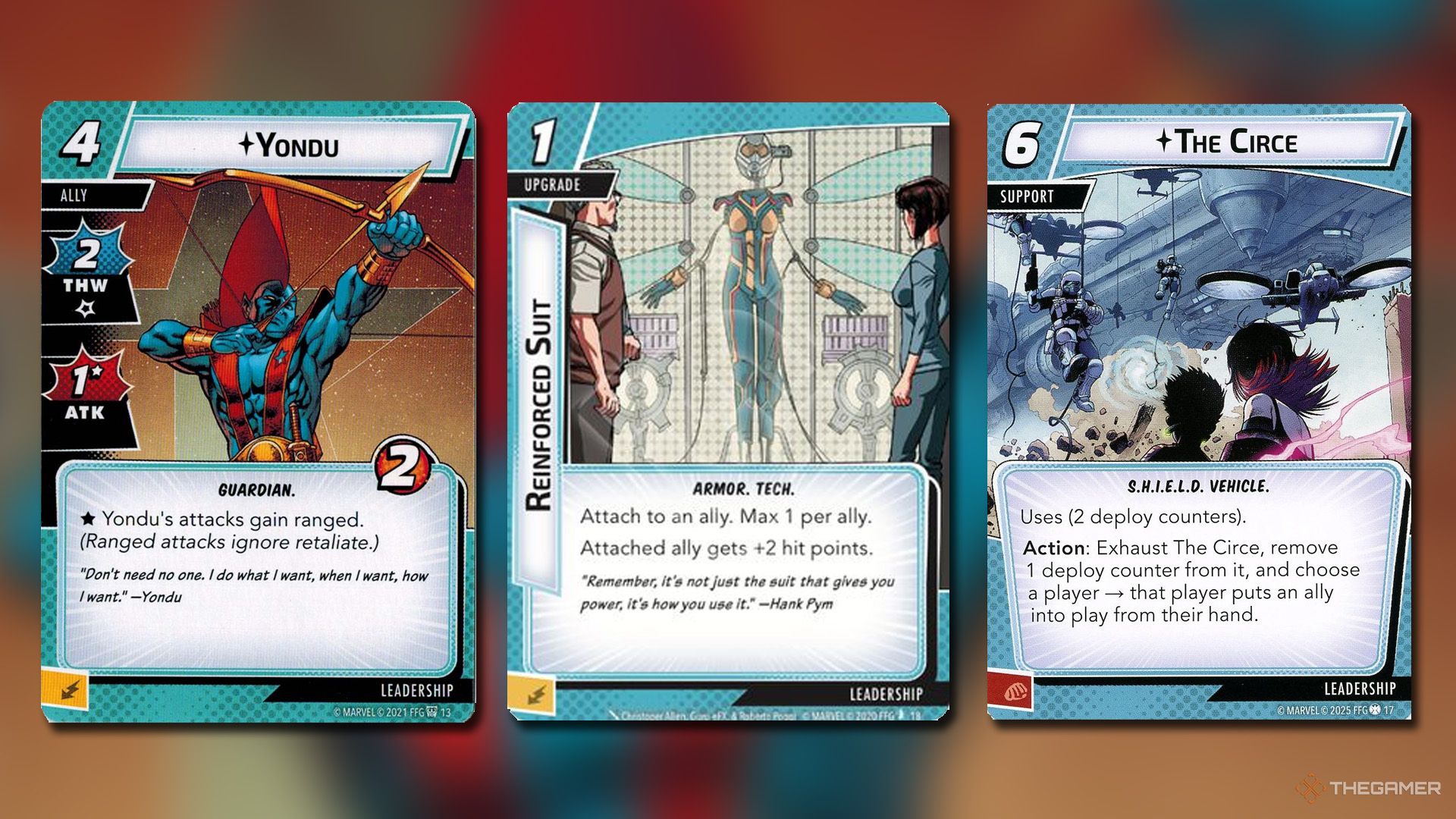 Yondu, Reinfored Suit and The Circe cards from Marvel Champions.