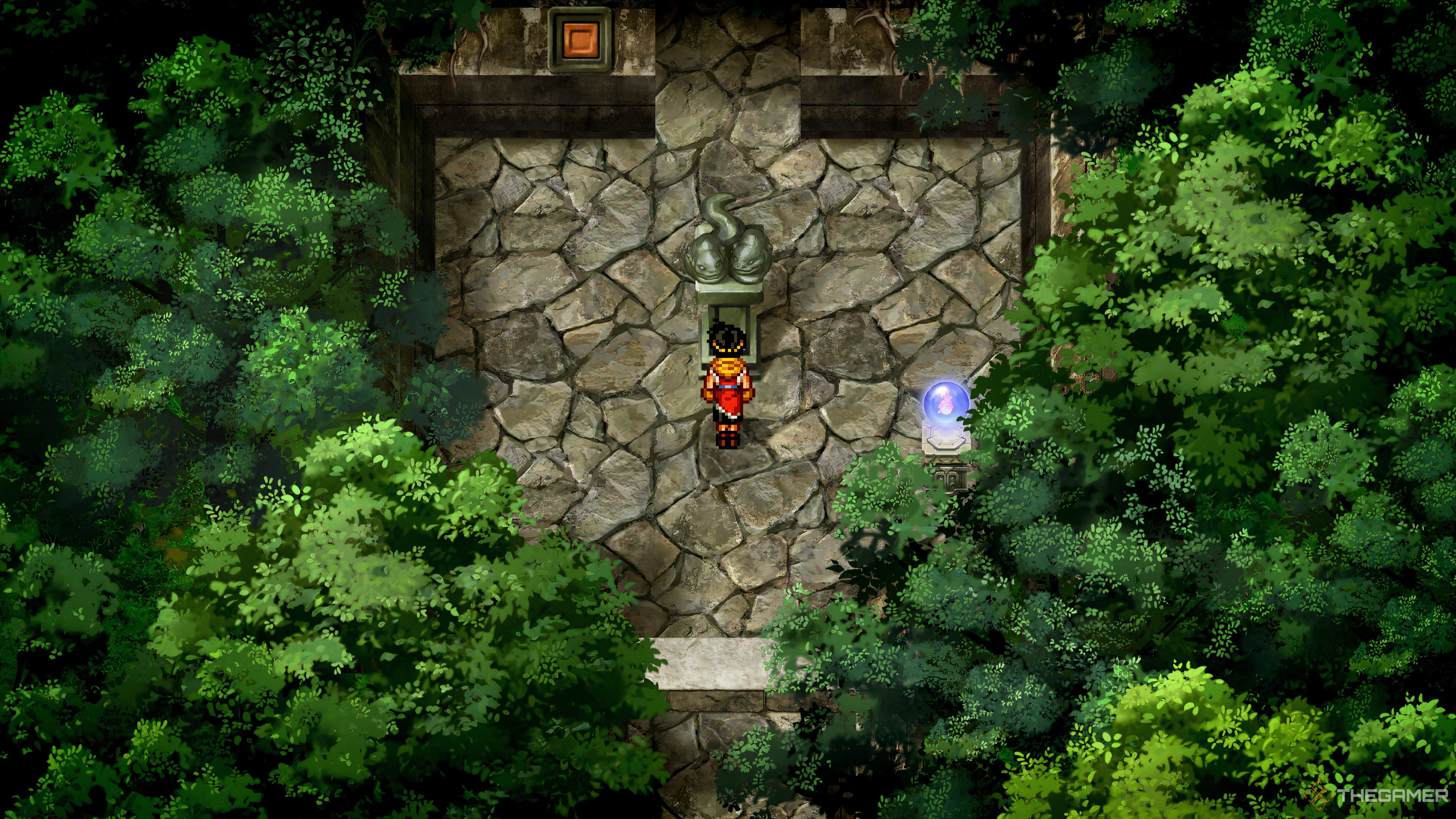 Точка сохранения прямо перед концом подземелья Руин Синдар в Suikoden II HD Remaster.