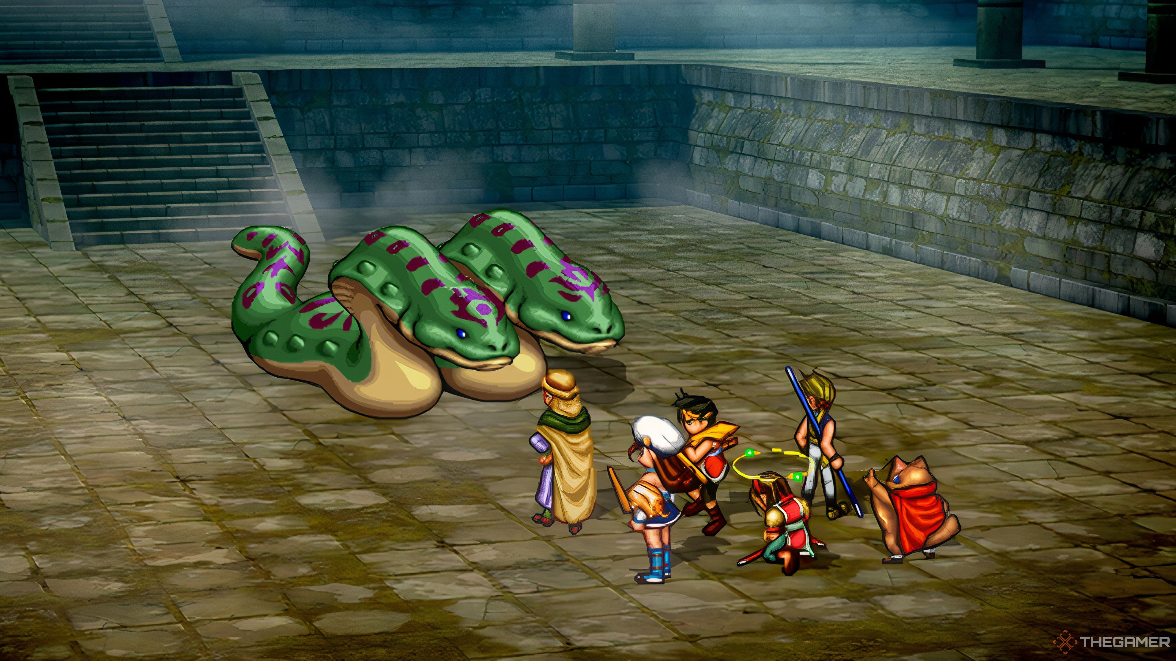 Группа сражается с Двуглавым, боссом Руин Синдар, в Suikoden II HD Remaster.