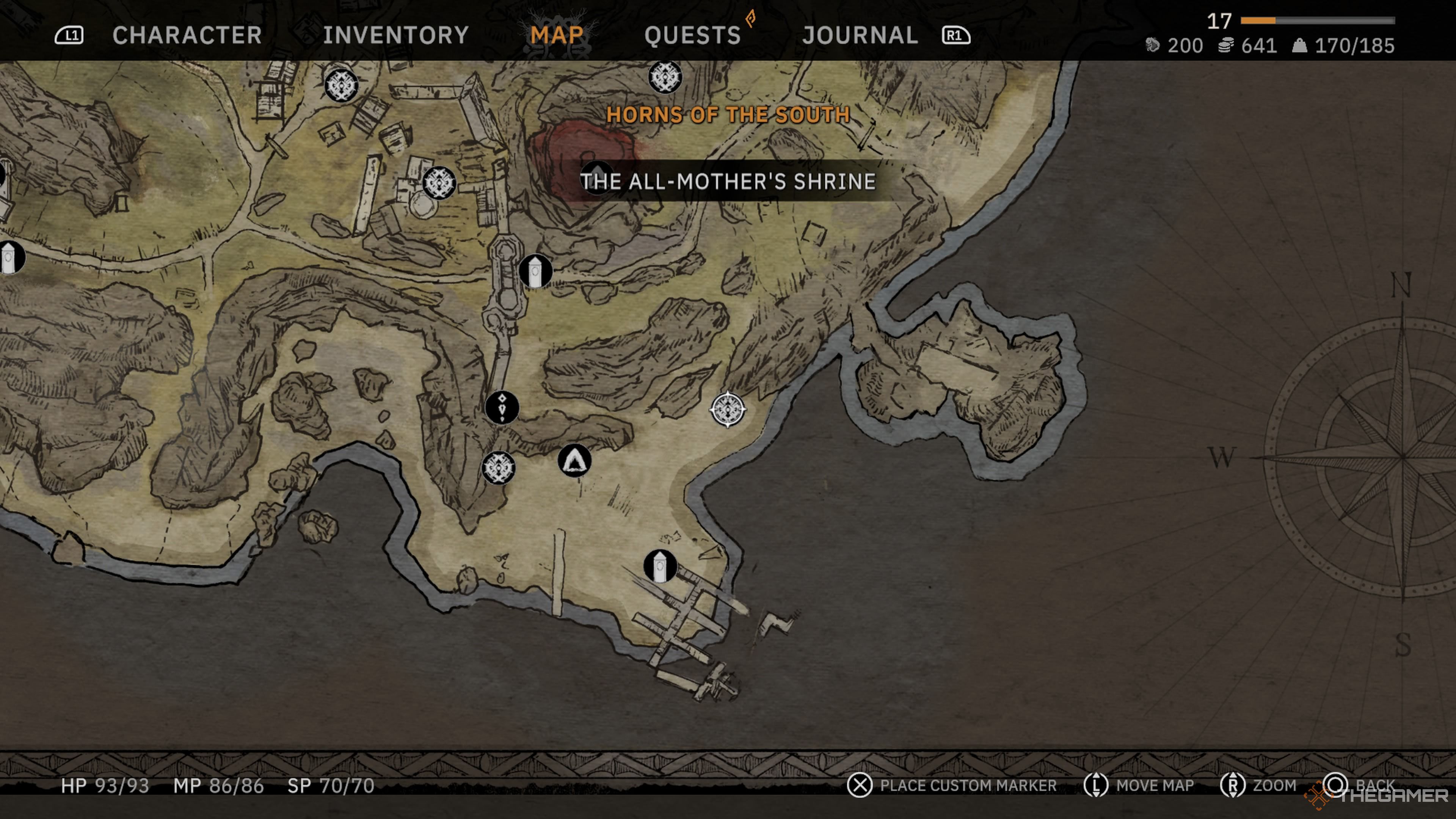 Close up view of the southern end of the Horns Of The South with a marker on the first All-Mother Shrine in Tainted Grail: The Fall Of Avalon.