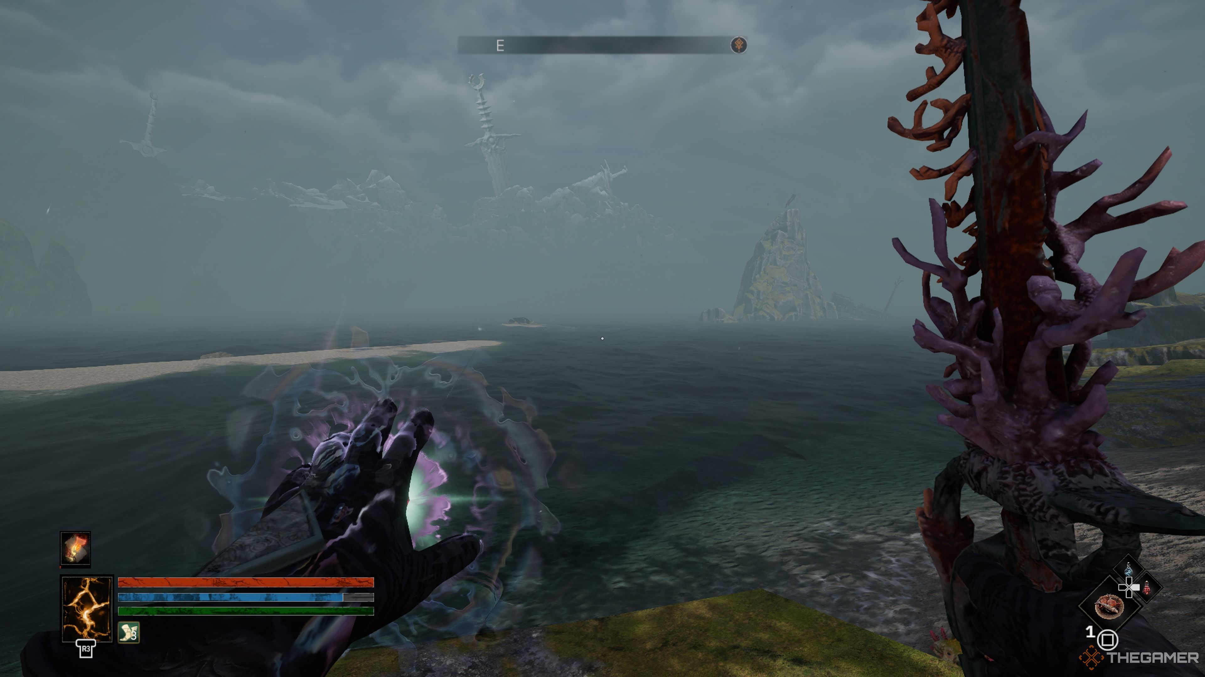 Player character looking at a narrow strip of land that leads to a small island in the distance in Tainted Grail: The Fall Of Avalon.