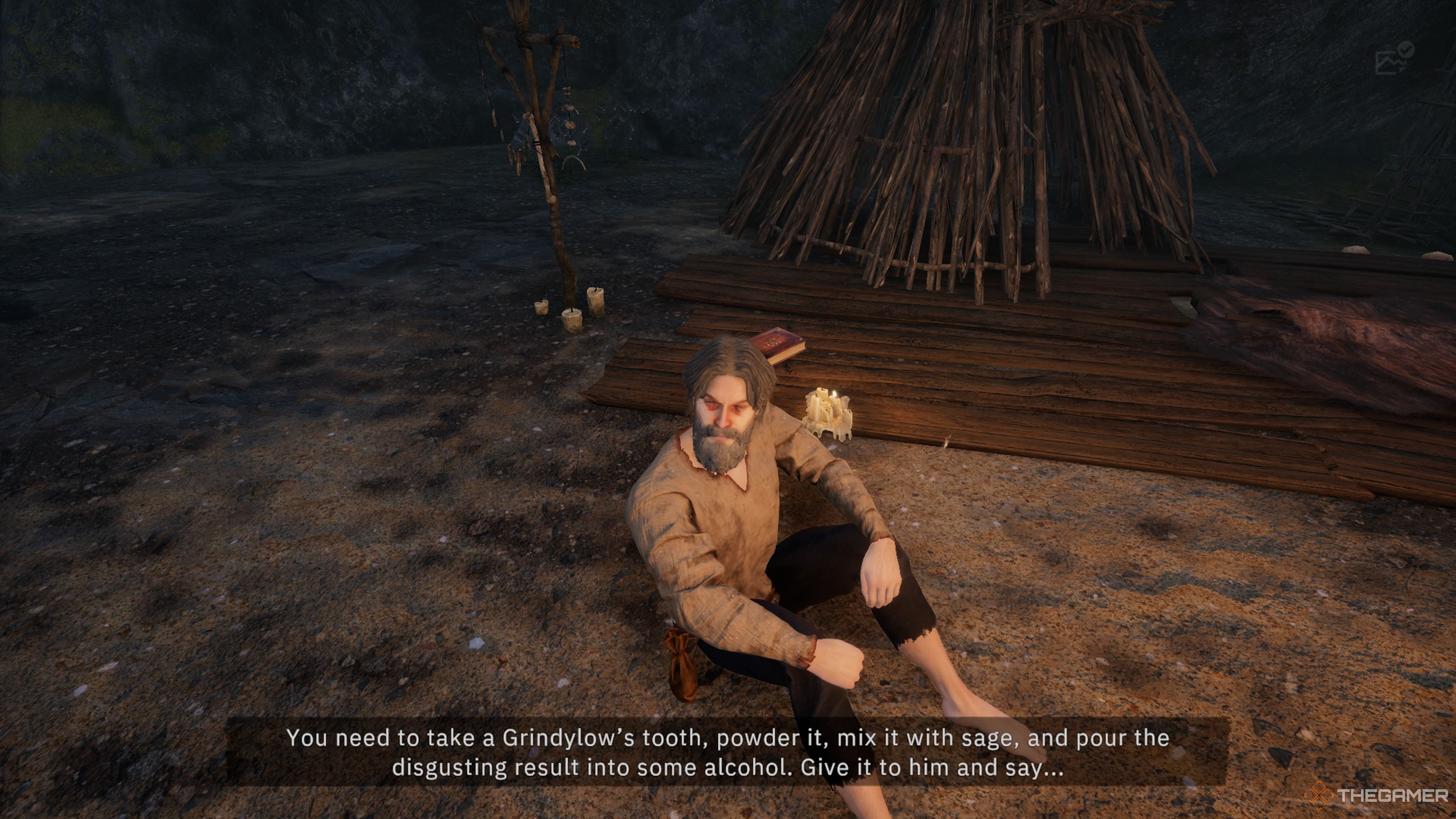 Player character speaking to a druid named Dreth and getting a recipe from him for Berach in Tainted Grail: The Fall Of Avalon.