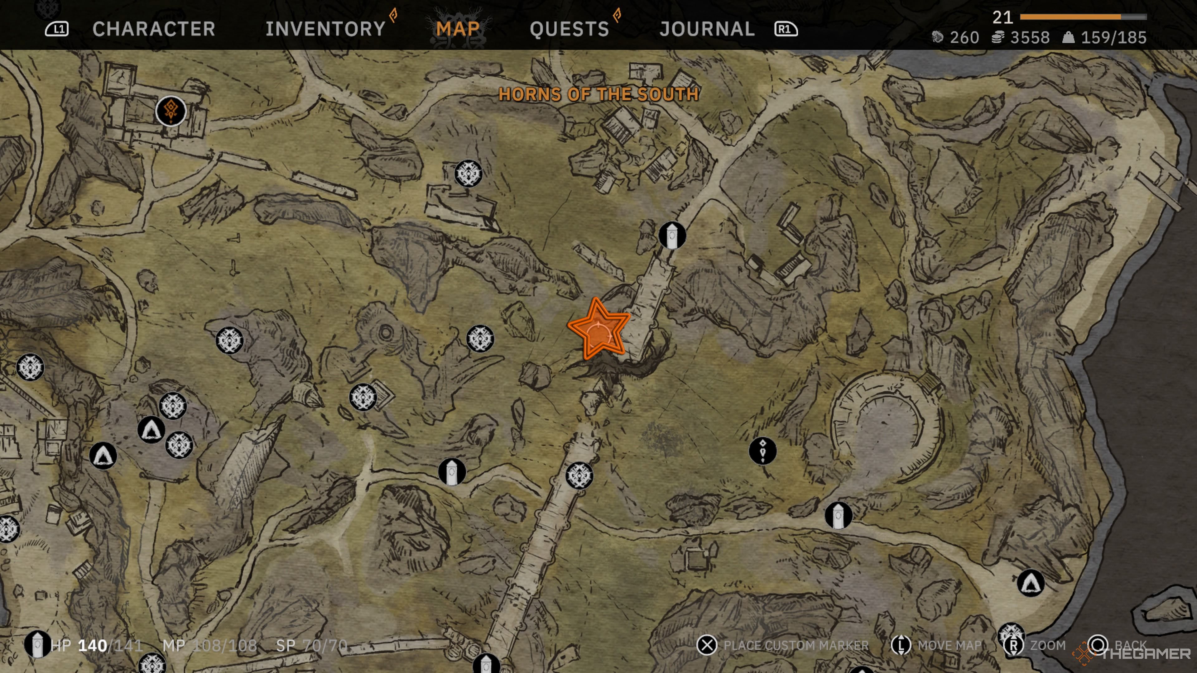 Close up view of a portion of the Horns of the South region with an orange star edited onto Berach's location in Tainted Grail: The Fall Of Avalon.