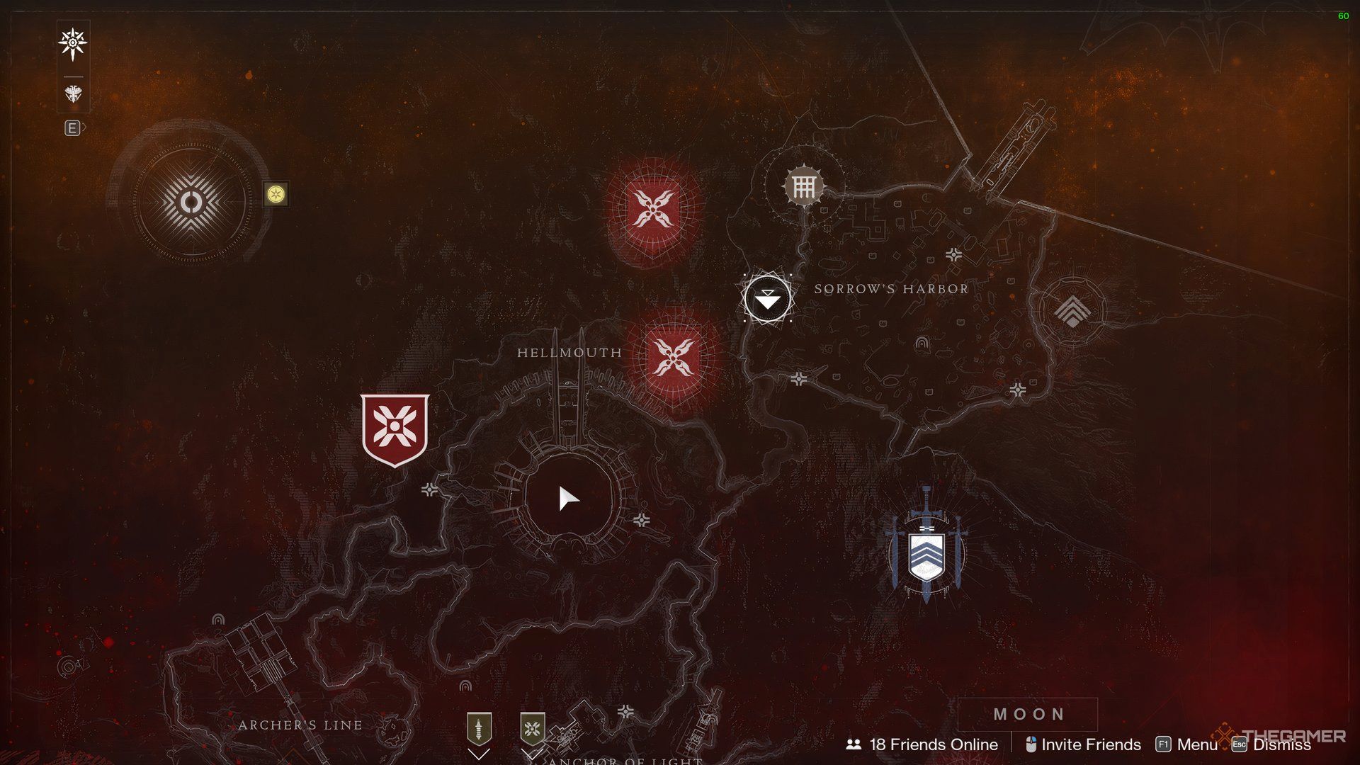 The map of Moon showing the Sorrow's Harbor and Hellmouth where they can complete some objectives of the Dreadful Discoveries.