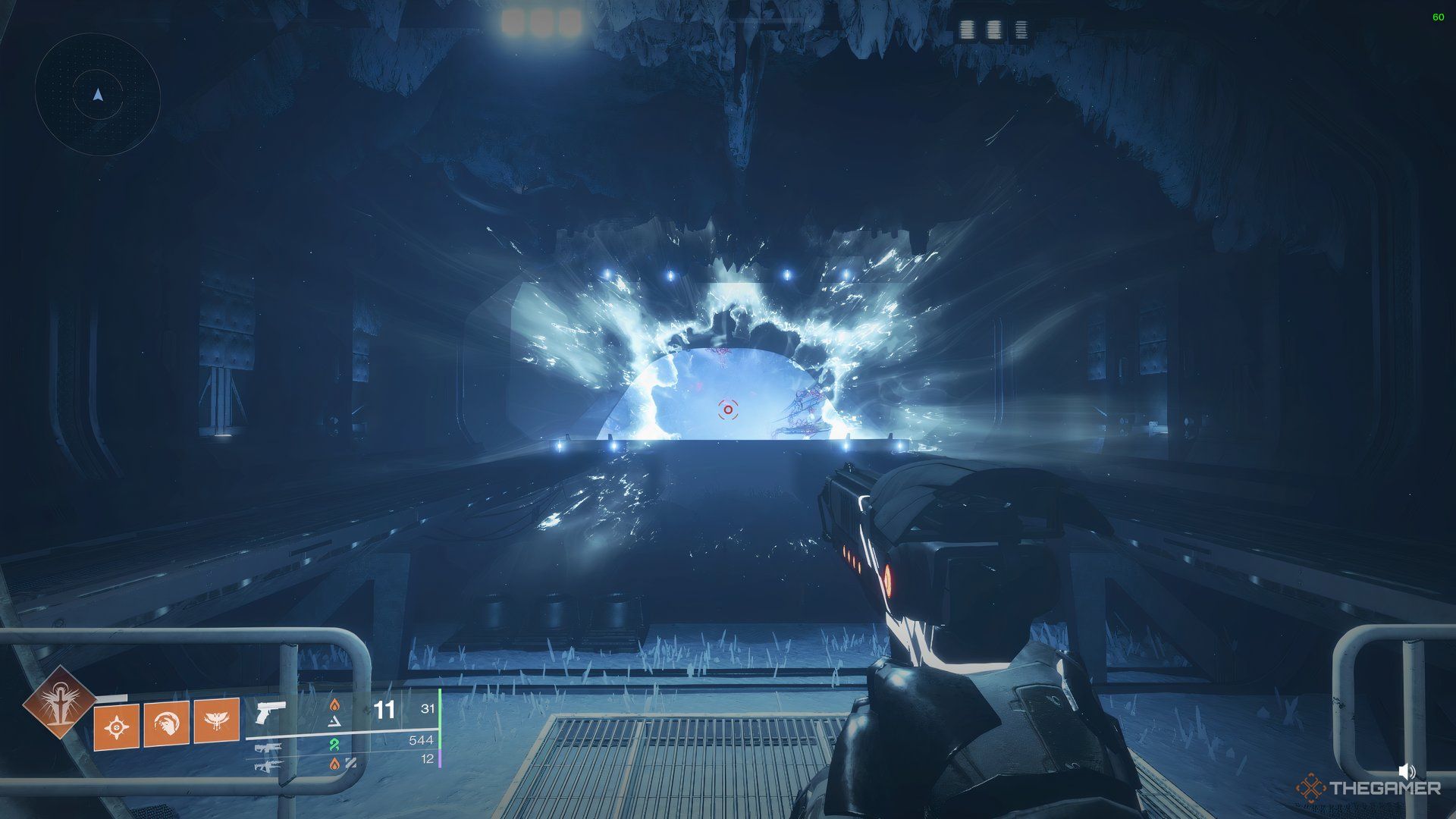 Guardian standing at the entrance of the Prophecy dungeon. Entering the portal in the distance takes them to the first boss, Phalanx Echo.