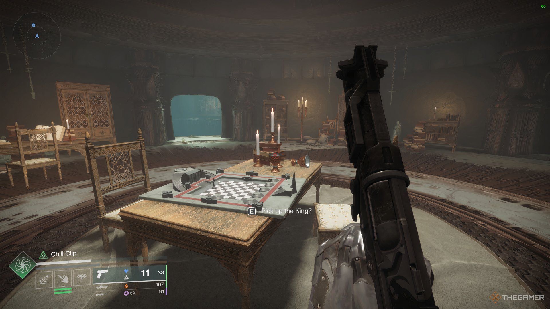 Guardian looking at the chessboard found below the middle platform in Eris' Throne World. This teleports the Guardian to an Unknown Antechamber where they can solve the Chess Puzzle in Destiny 2: Heresy.