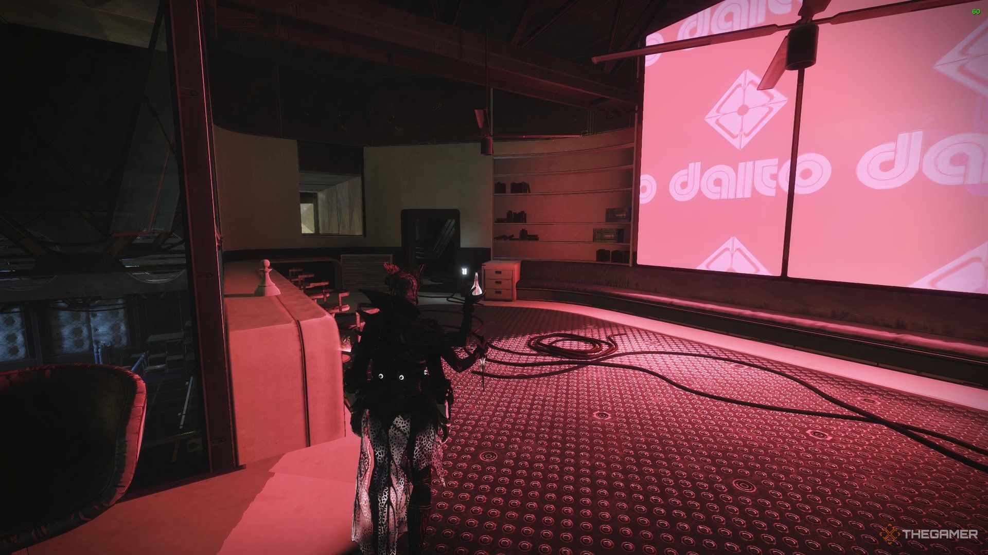 Guardian standing in the secret 'Daito' room in The Tower where they can see a Chess Piece in Destiny 2.