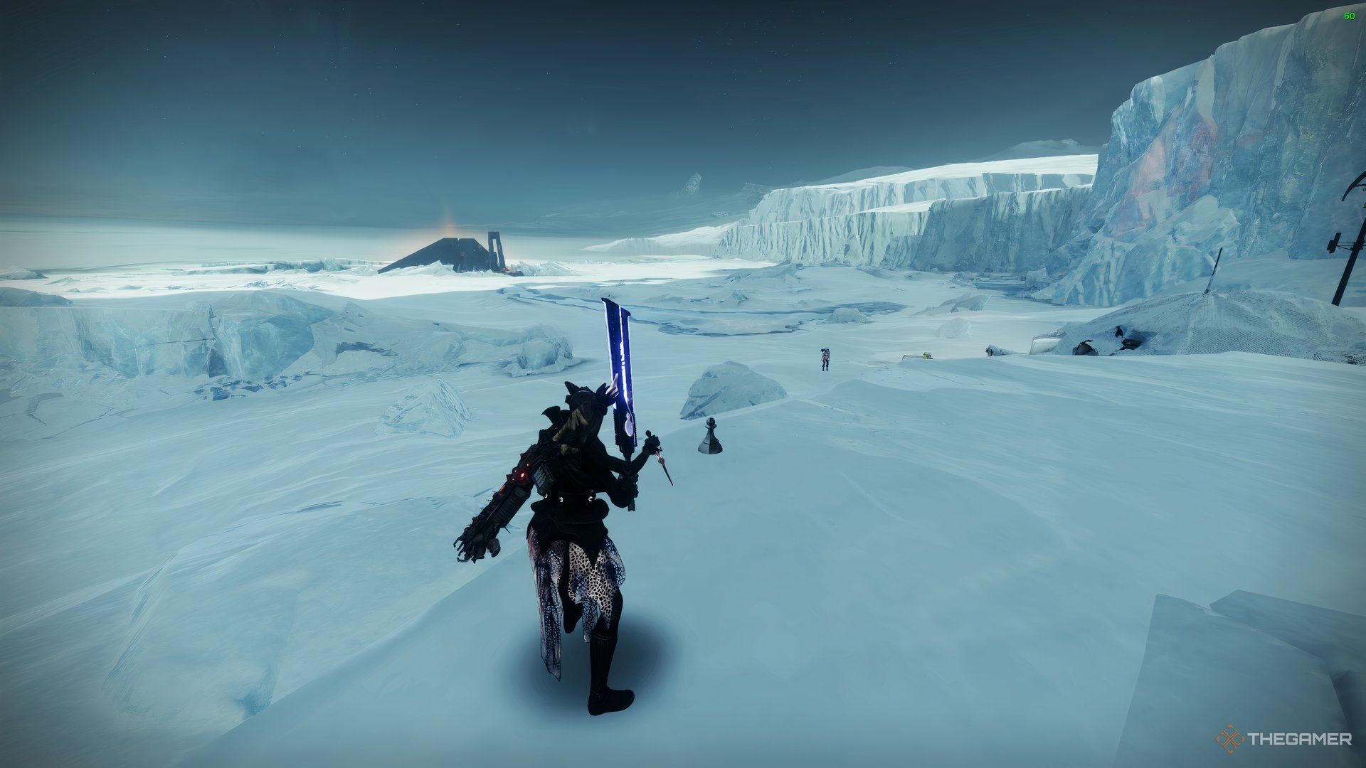 Guardian standing on a small cliff overlooking a Chess Piece and Exo Stranger on Europa in Destiny 2.