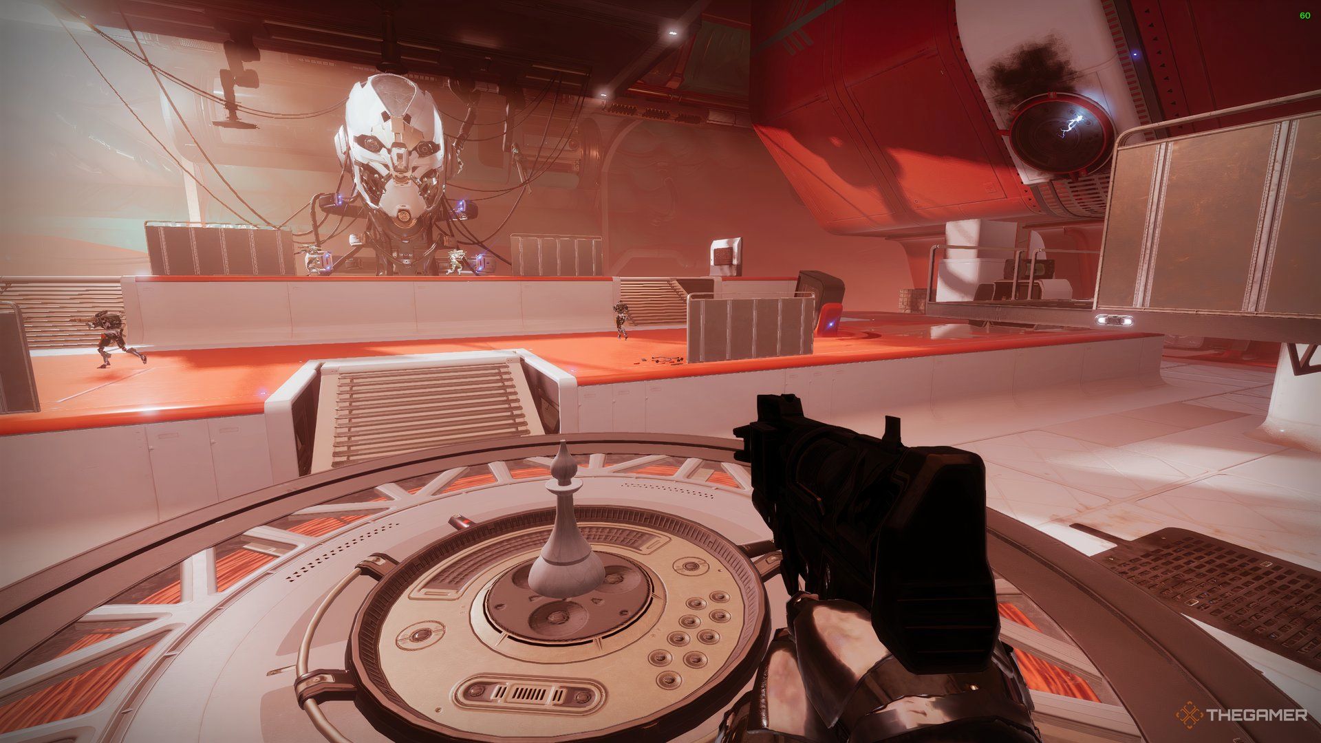 Guardian looking at the Big Clovis Head in Bray Exoscience in Destiny 2.