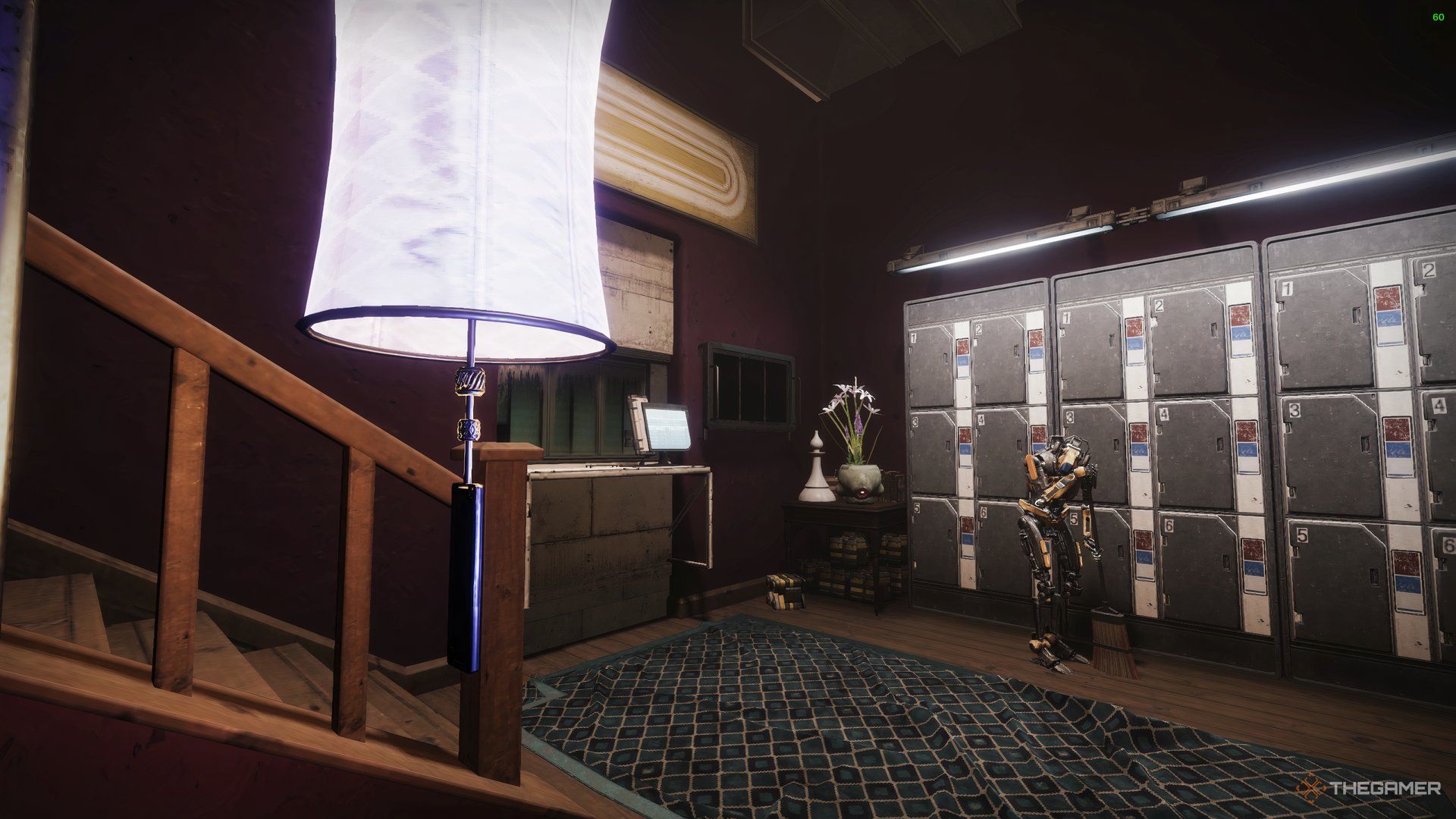 Sweeper-Bot cleaning the floor next to some lockers inside Eris' Apartment in The Last City in Destiny 2.
